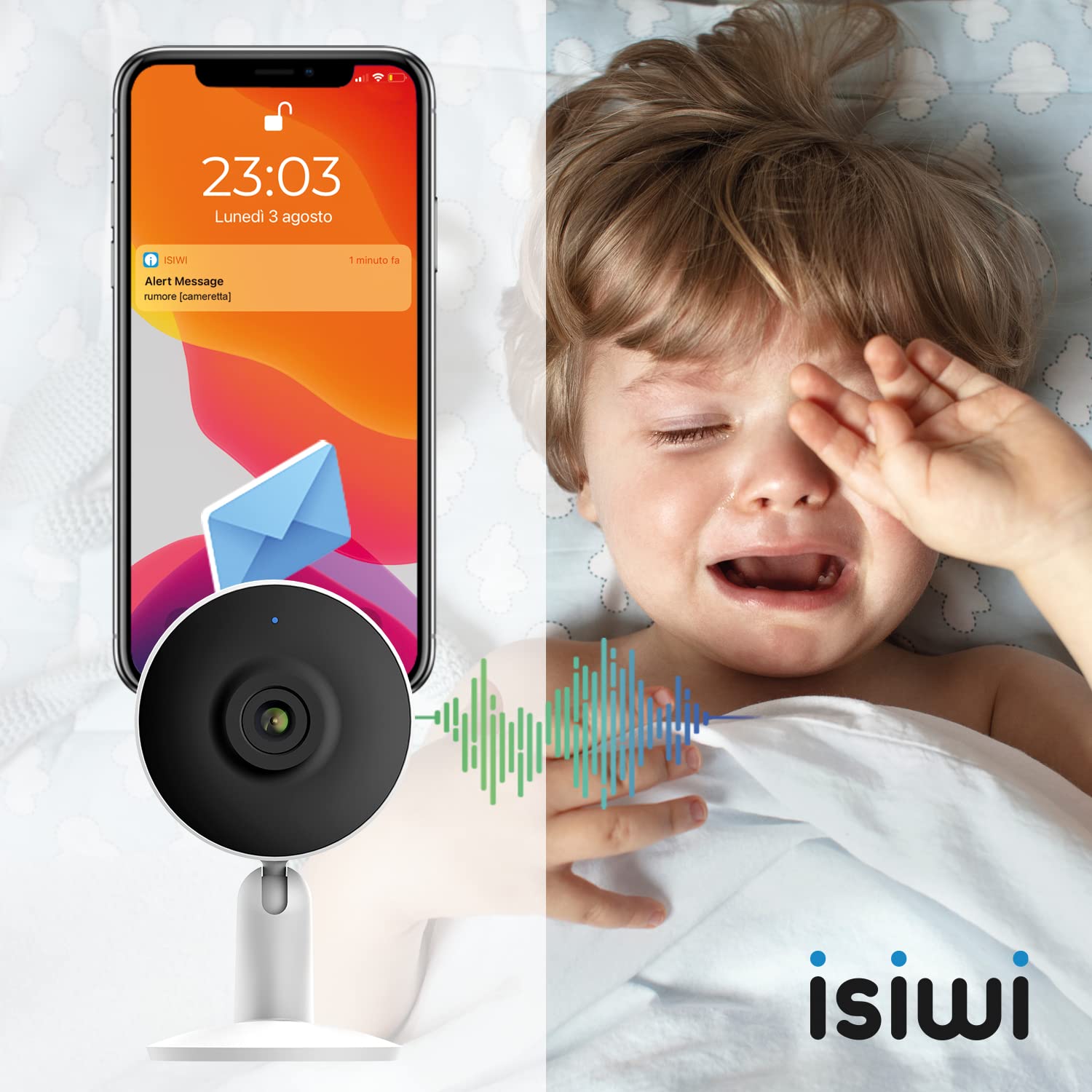 Tini Telecamera IP wiFi interno sorveglianza. Rilevazione di movimenti e suoni, Audio bidirezionale, Visione Notturna, Compatibile con Alexa/Google, App per smartphone, 2MP (ISW-BFIT2M)