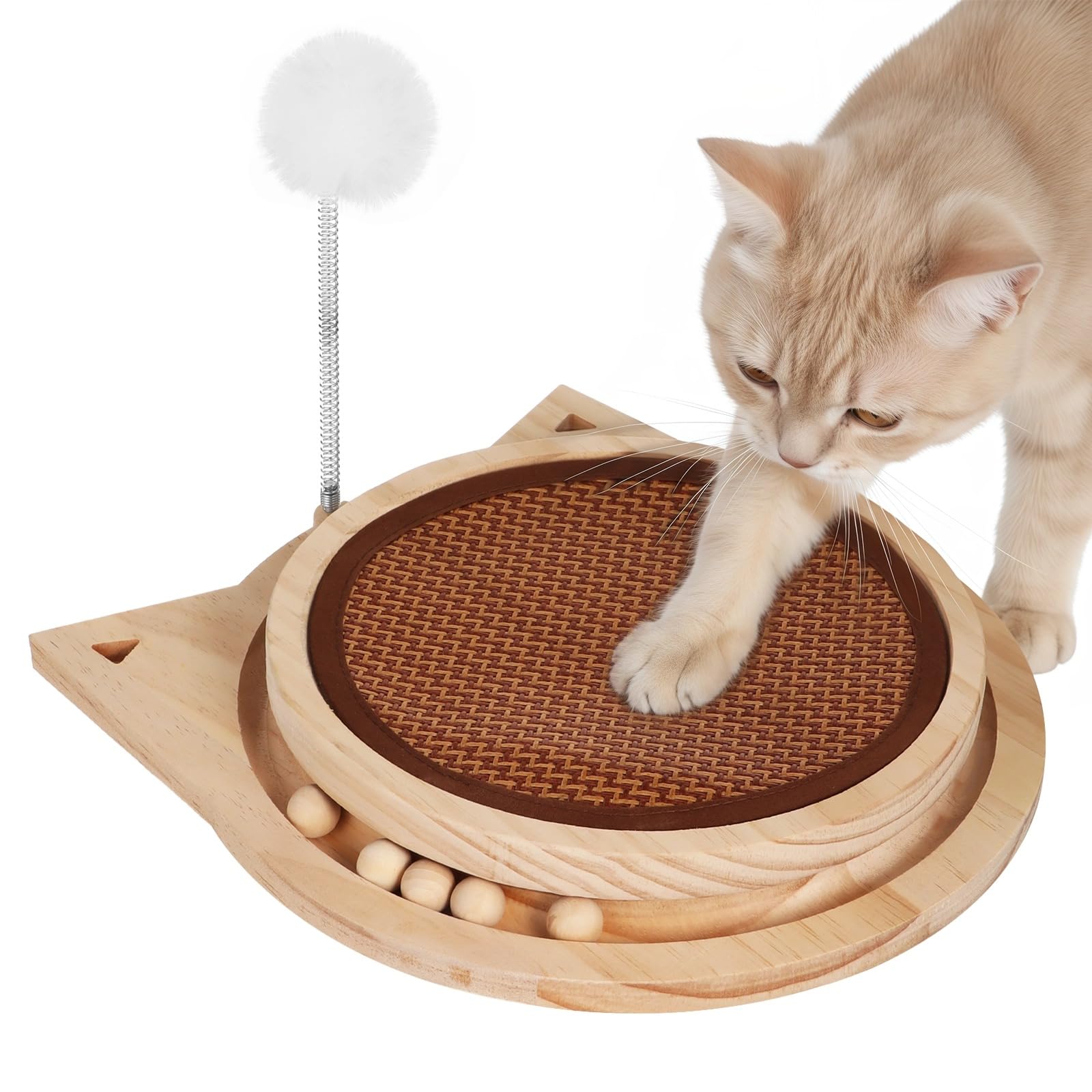 Skdqiee 3-in-1 Cat Scratcher, Round Natural Sisal Cat Scratching Pad, Kitten Interactive Toy with Ball Track & Spring Ball, Cat Toy for Indoor Cats