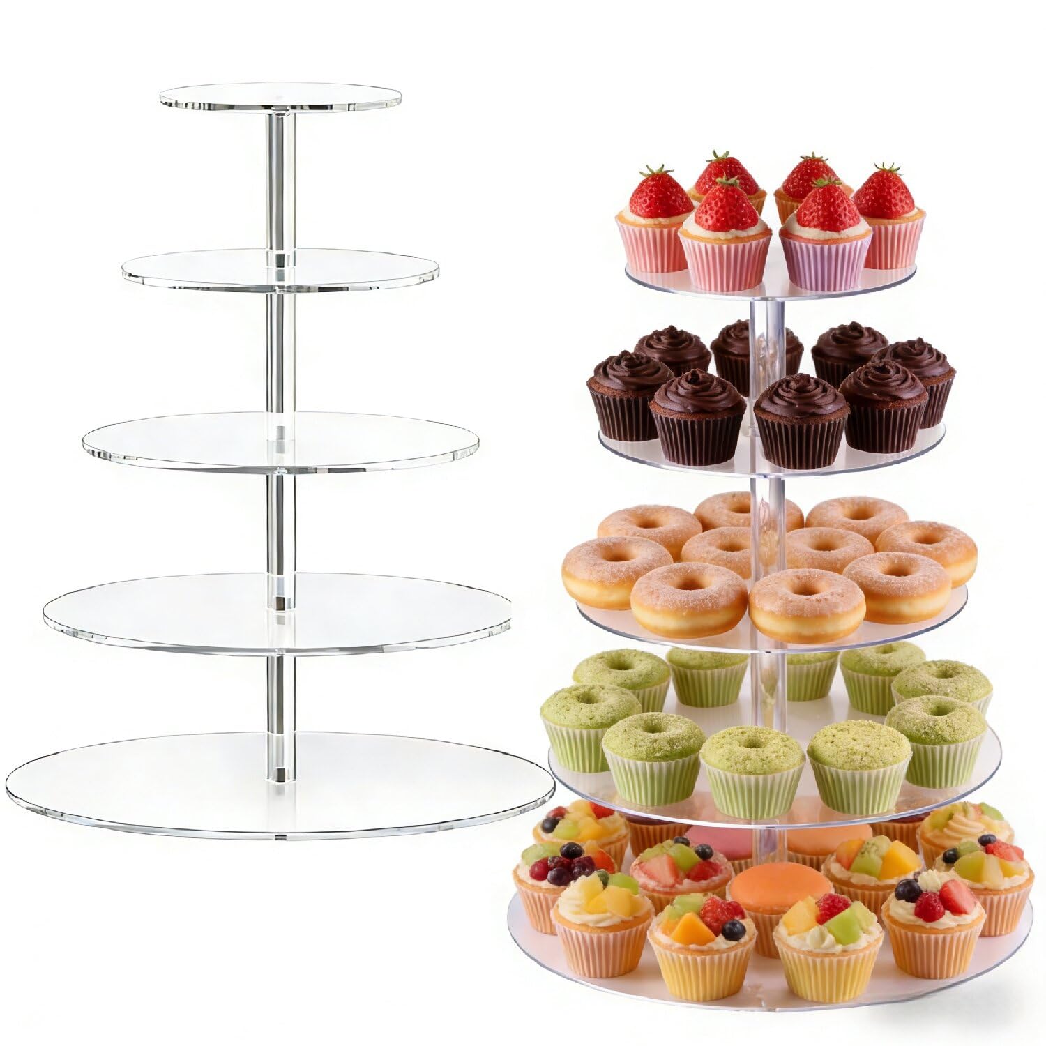 Eubeneortho Clear 5 Tier Round Acrylic Cupcake Stand, Dessert Display Tower With Adjustable Height, Acrylic Display Stand Cake Holder For Weddings, Birthday Parties, Baby Showers And Buffet Presentations