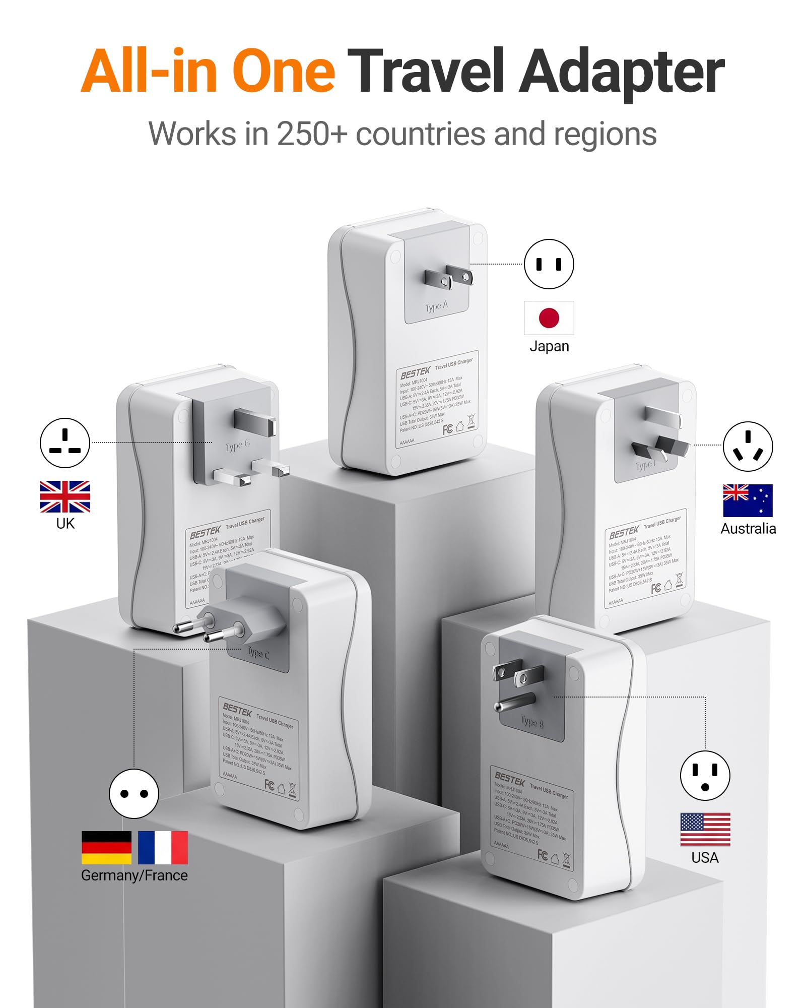 Transformador De Viaje BESTEK 200W 110V A 220V Con 4 Puertos USB Y Adaptadores UK, AU, EU – Para Uso Mundial