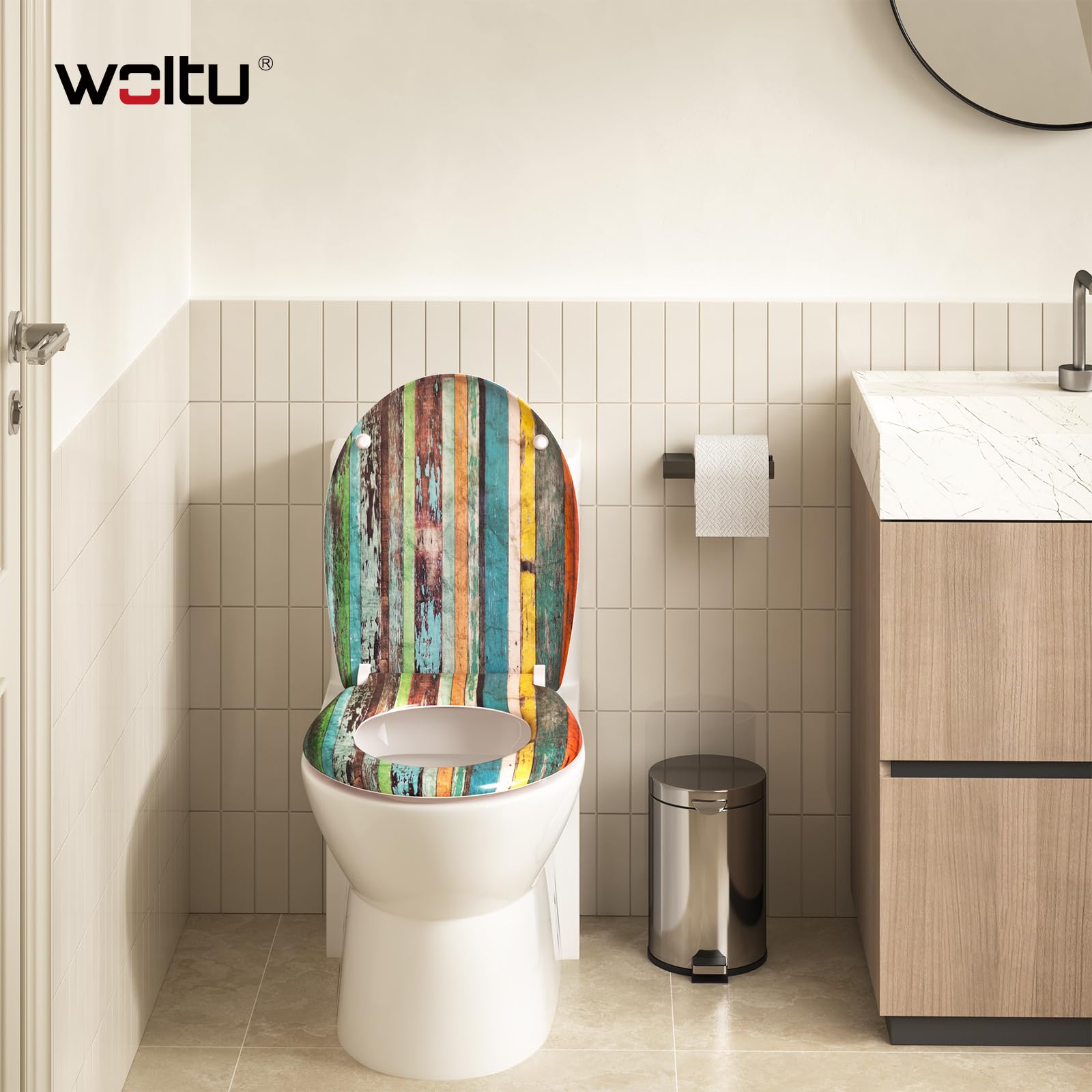 WOLTU Tapa WC Universal,Tapa WC de Liberación Rápida,Asiento para Inodoro, Asiento de Inodoro en Forma de O, Cierre Suave Lento, Bisagras Ajustables,Fácil De Montar