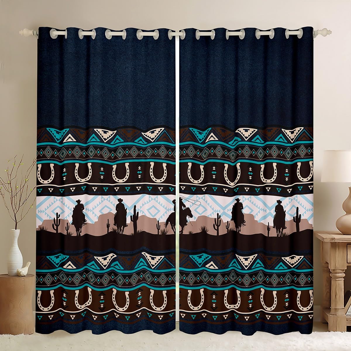 feelingyou Rustic Farmhouse Curtains for Windows,Bohemian Exotic Dark Blue Curtains for Living Room,Western Cowboy Horseshoe Blackout Drapes 2 Panel Sets,66x72L โ image 1