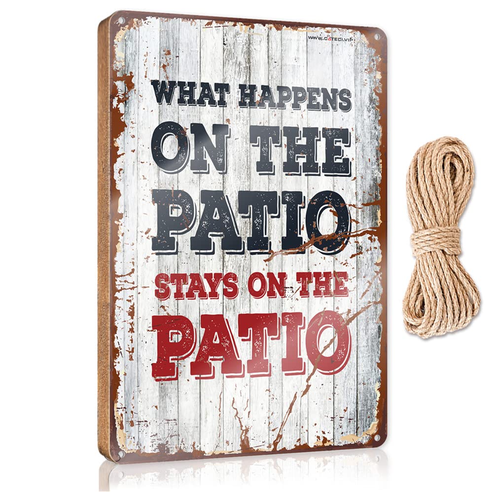 FZFN Wood Sign Plaque What Happens On The Patio Stays On The Patio Wooden Sign Boys Bedroom Decor Beach Decorations For Home(23X35CM)