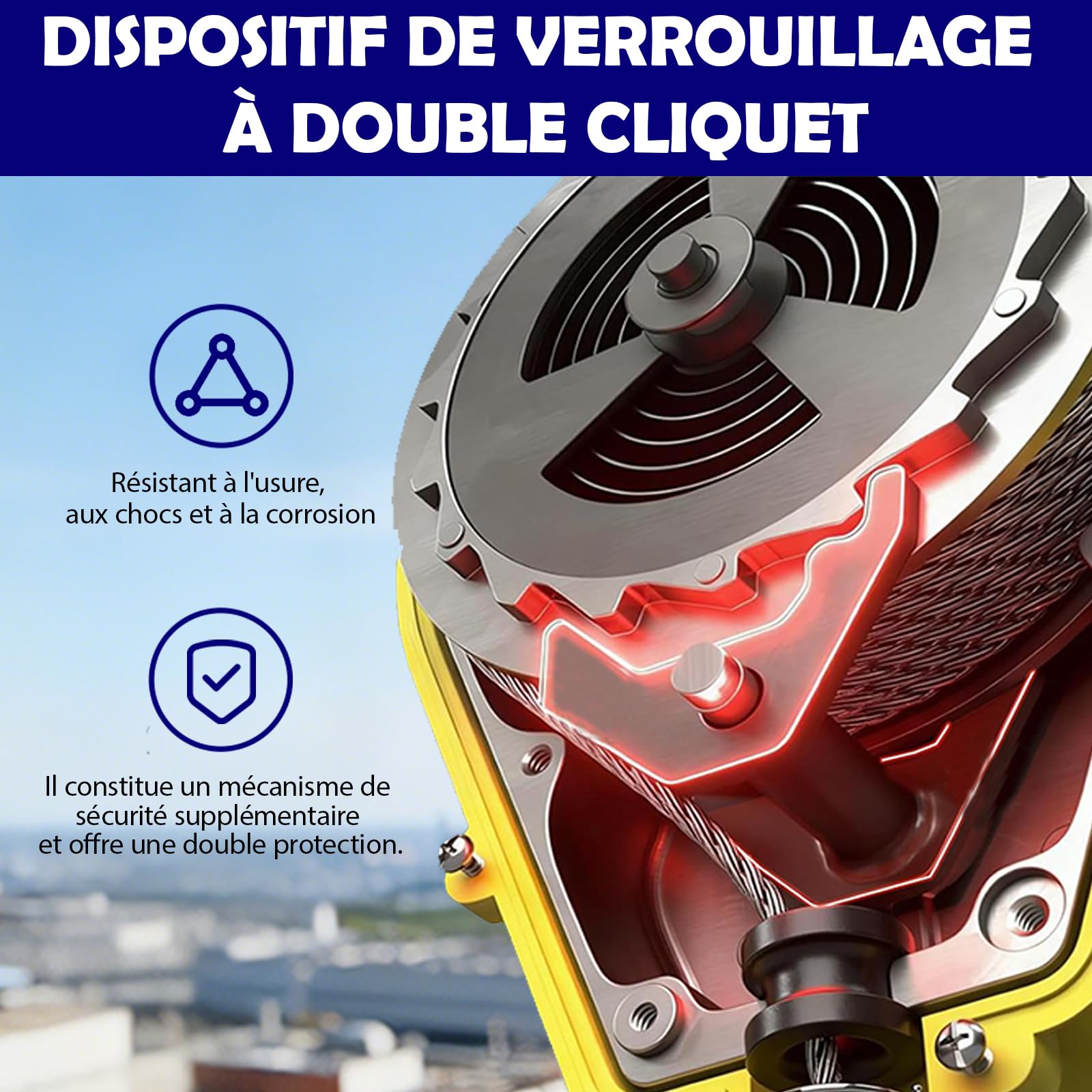 Dispositif Antichute à Rappel Automatique 10m 150kg (Jaune) | Harnais de Sécurité Anti Chute avec Crochet 360° , Dispositif Stop Chute Rétractable pour Travaux en Hauteur sur Toiture