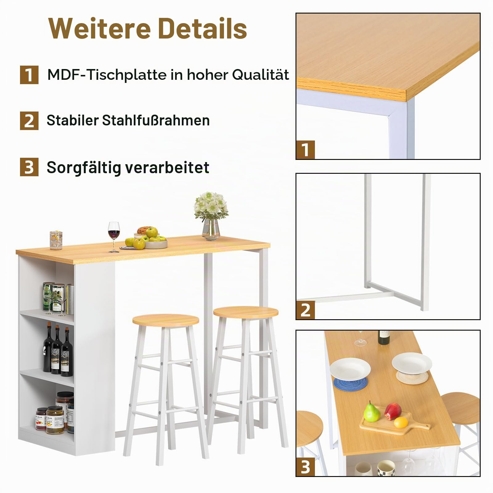 soges GCBG1022-FJGS Bartisch Küchentisch Esstisch Couchtisch Frühstückstisch Theke Bistrotisch Kneipentisch mit 3-stöckigem Aufbewahrungsregal