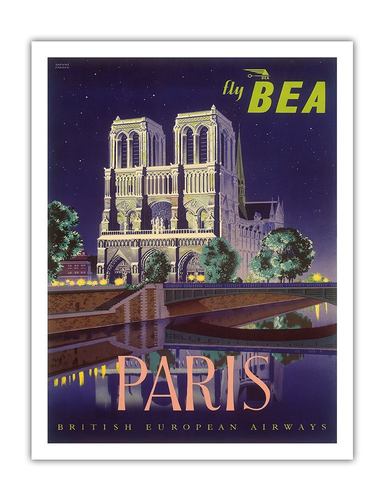 Paris - Notre Dame Cathedral by Moonlight - Fly BEA (British European Airways) - Vintage Airline Travel Poster by Daphne Padden c.1950s - Fine Art Print 20in x 26in