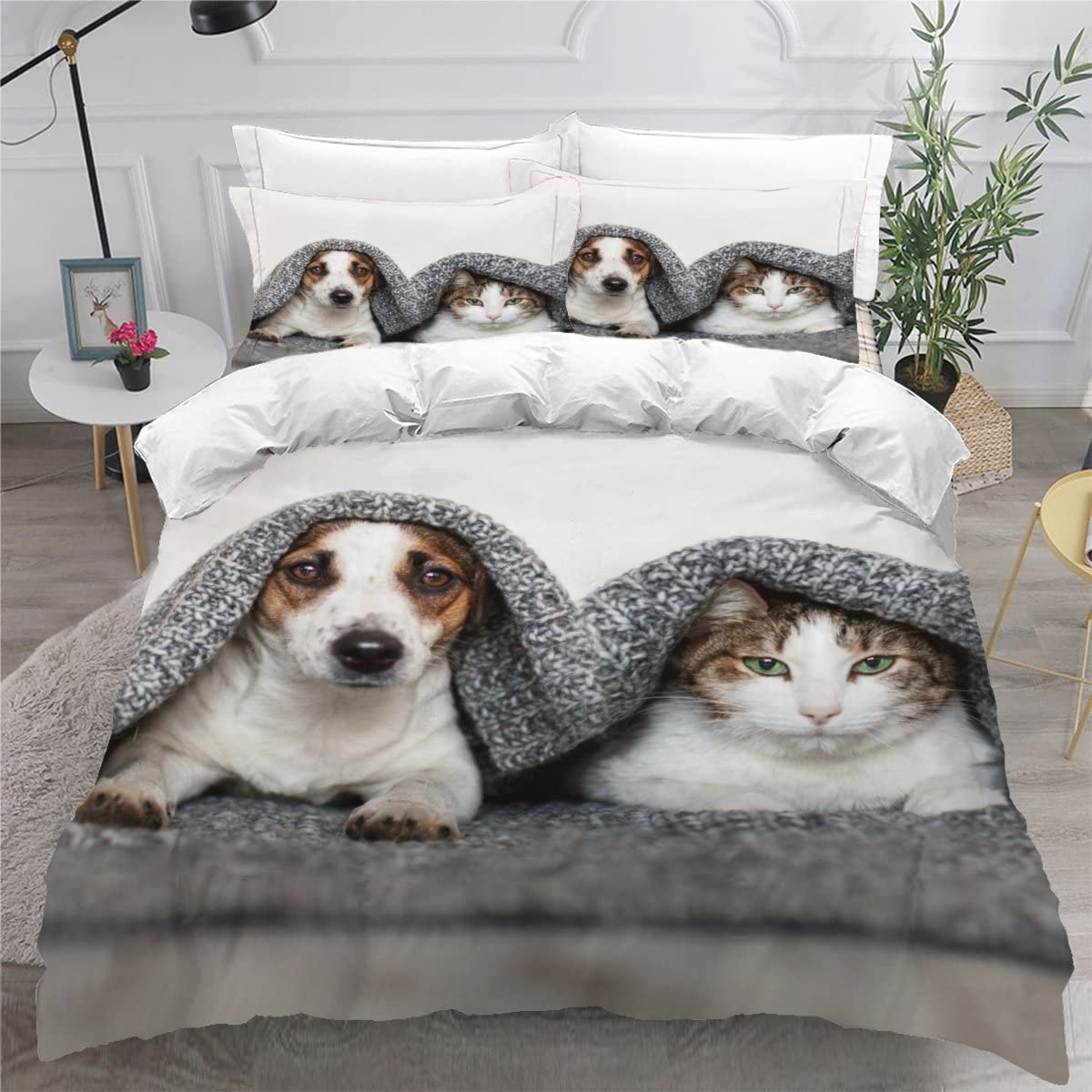Housse de couette 220x240 chat et chien en microfibre premium avec fermeture éclair invisible