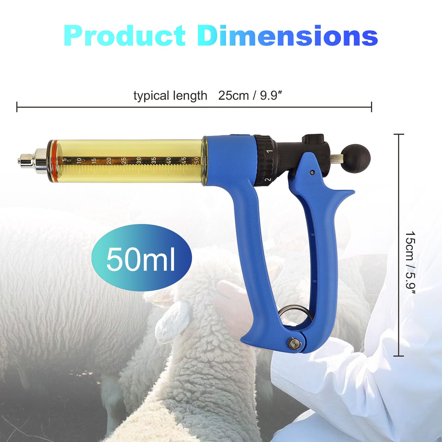 Jeringa semiautomática de ganado de 50 ml, 5 engranajes de dosis de ajuste preciso, pistola de vacuna de ganado, jeringa veterinaria de repetición continua Luer Lock para vaca, cabra, cerdo, ovejas