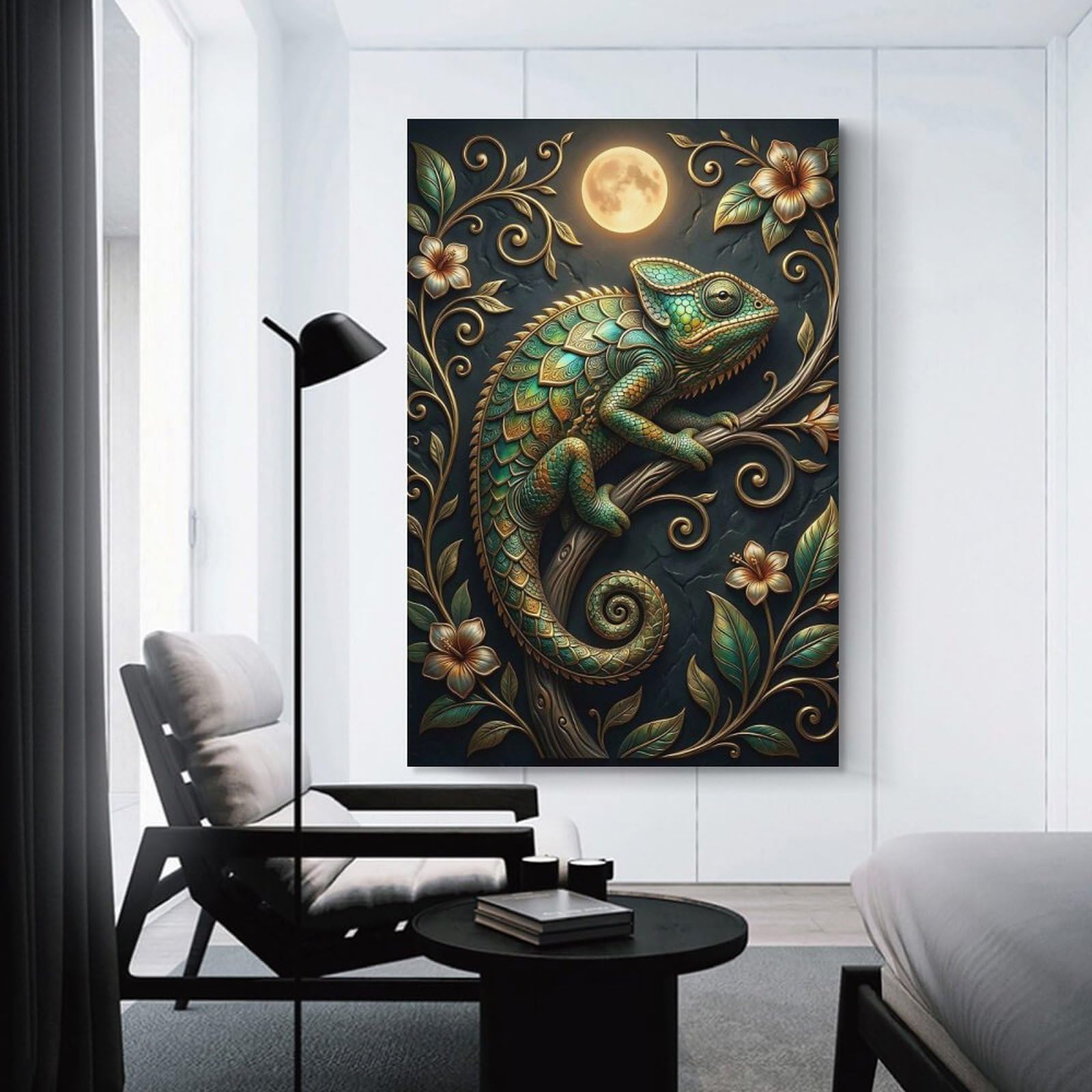 Junmoney Ornate Chameleon with Moon And Flowers Room Decor Wall Art, 08x12inch(20x30cm), for Bedroom Walls, Guest Spaces Or Lounges, Stylish Decor for A Restful Room Update