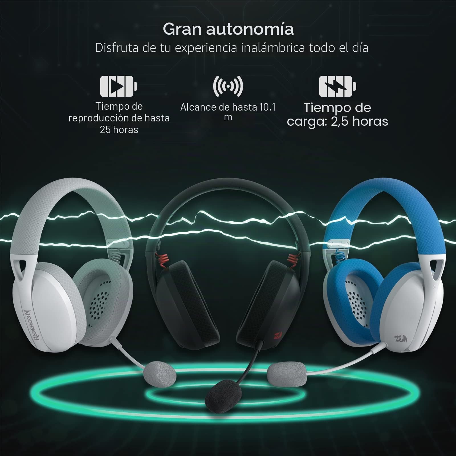 Redragon H848 Auriculares inalámbricos BT para Juegos - Ligeros - Sonido Envolvente 7.1 - Controladores de 40MM - Micrófono Desmontable - Multiplataformas para PC, PS5/4/3, NS, Móviles