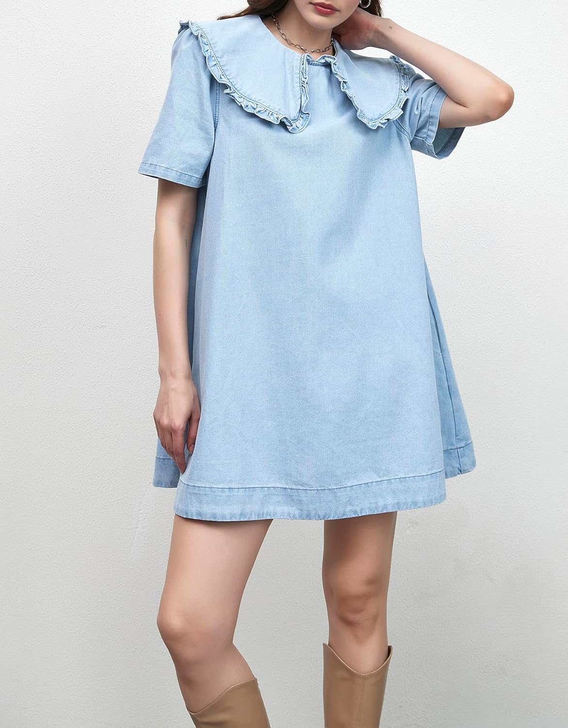 Kedera Womens Denim Mini Dress 2025 Peter Pan Collar Short Sleeve Casual Summer Babydoll Jean Dress with Pockets - Image 5
