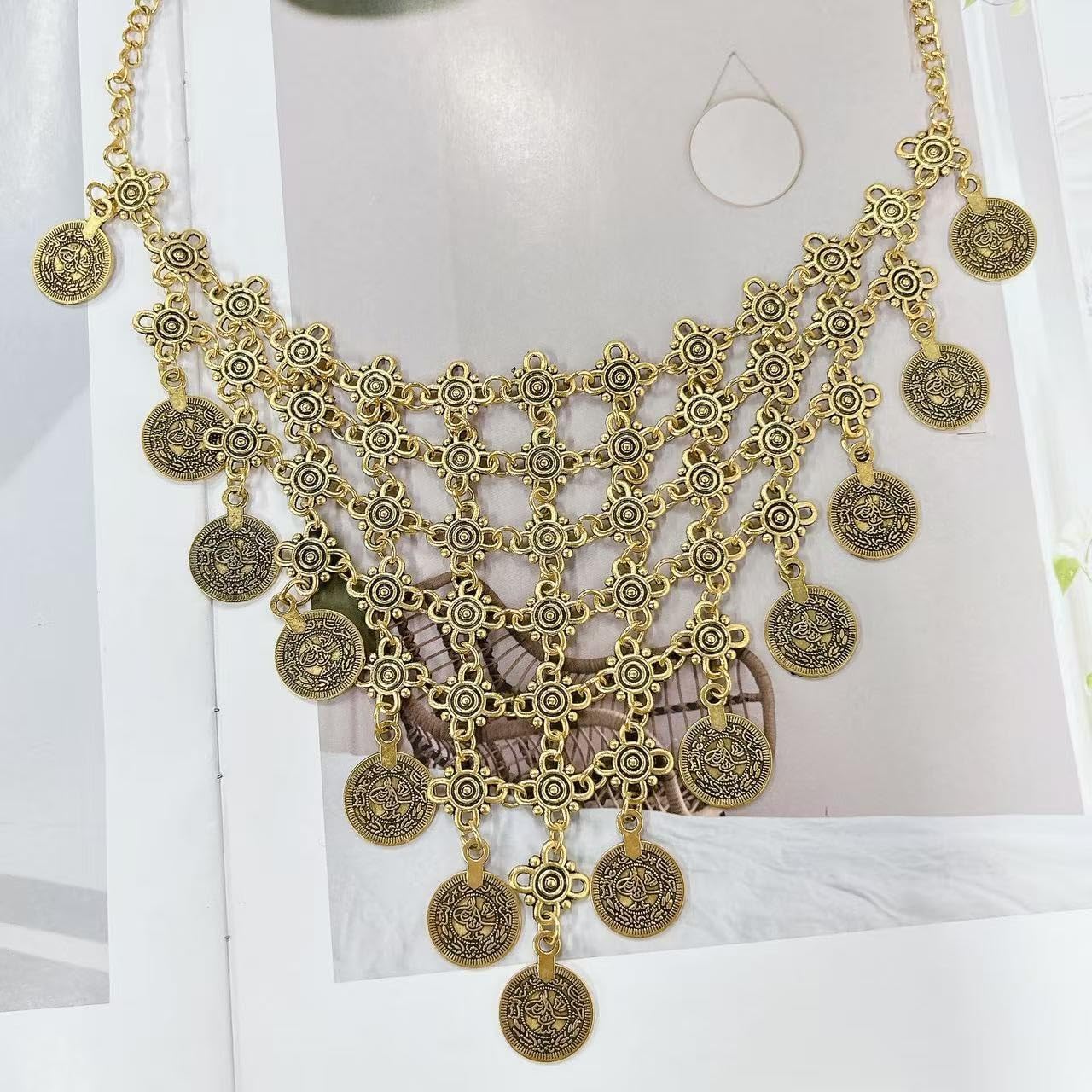 Retro Gypsy Coins Tassel Charm Statement Ethnic Necklace for Women Men Vintage Bollywood Collar Bib Boho Indian Tribal Pendant Fashion Oxidized Jewelry Bohemian Exaggerated Costume Gift