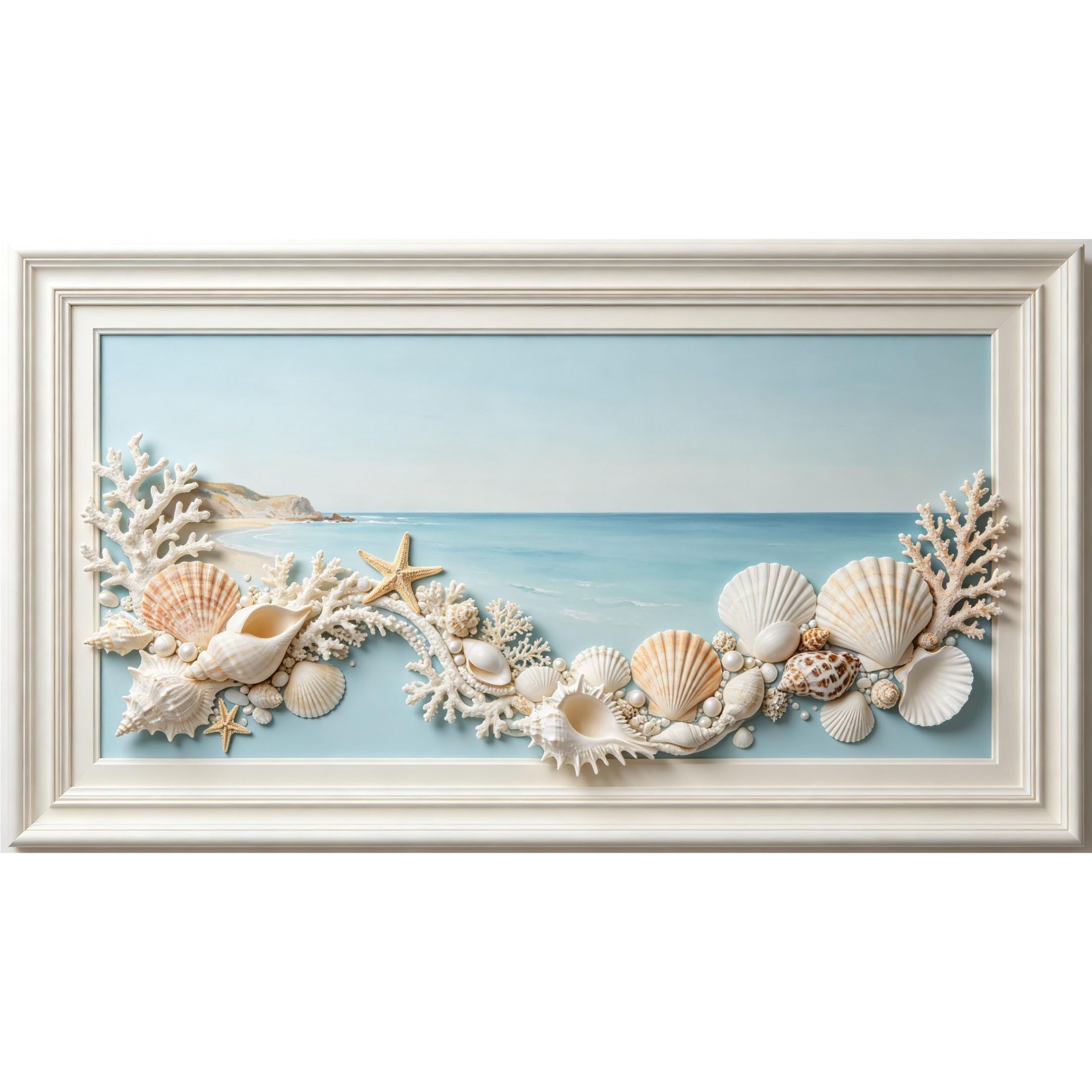 QZLITHOTIC 50x90cm3D Framed Wall Art， Coastal Seashell Coral Ocean Beach Self‑Adhesive Mural， Water‑Activated Peel & Stick Fabric Decor Wall Decal for Bedroom Living Room