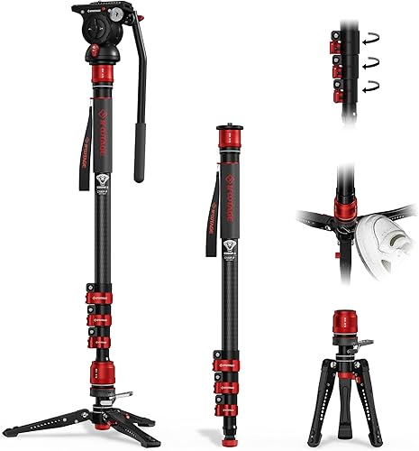 IFOOTAGE Cobra 3 Monopod con cabezal fluido C180F-P + K5S, monopie de fibra de carbono con pies para cámaras DSLR - Canon, Nikon, Sony, Olympus,