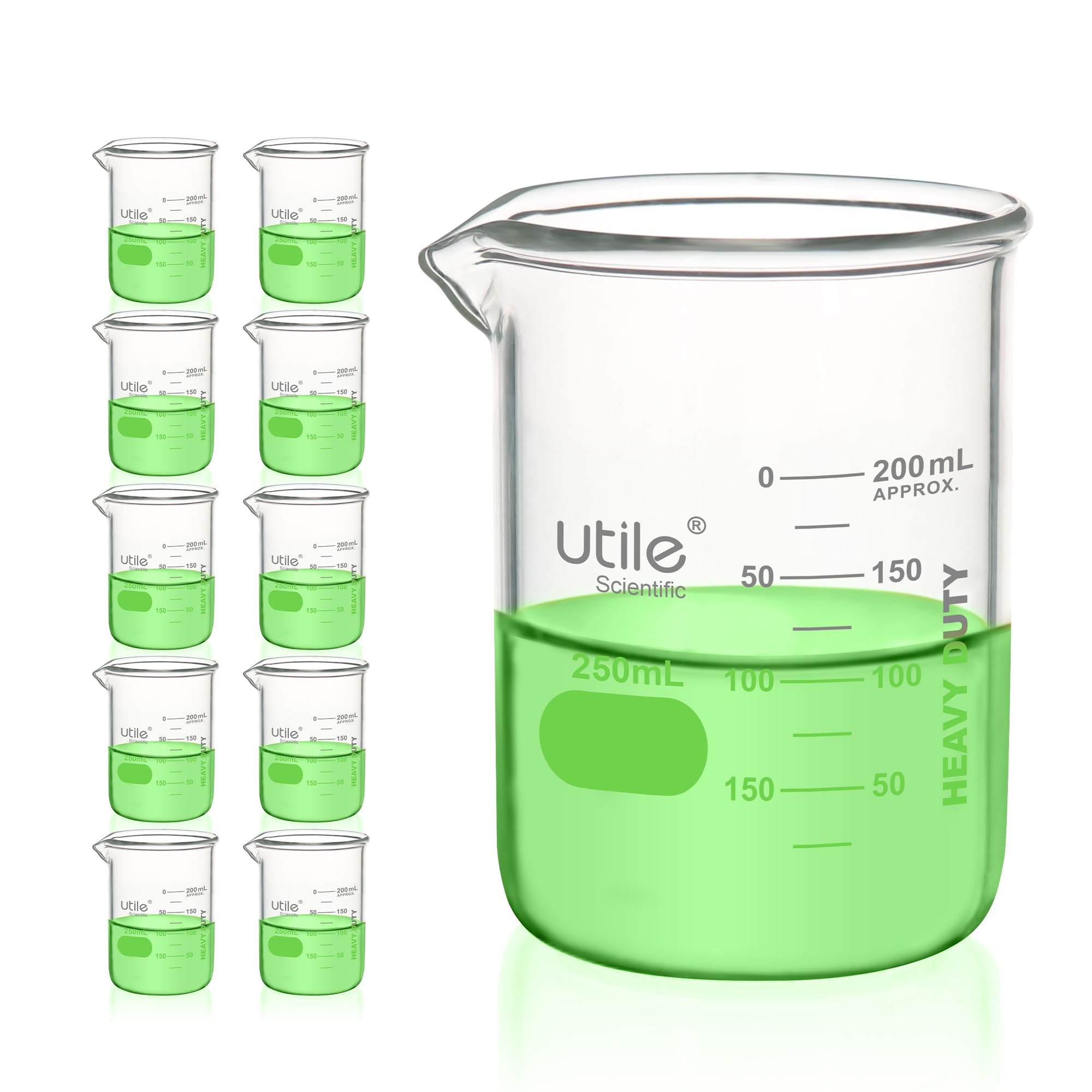 Utile 10pcs of Heavy Duty Glass Beakers, Vol.250m(8.5oz), Borosilicate 3.3 Glass with Double Scaled Printed Graduation, 4046.0250.10
