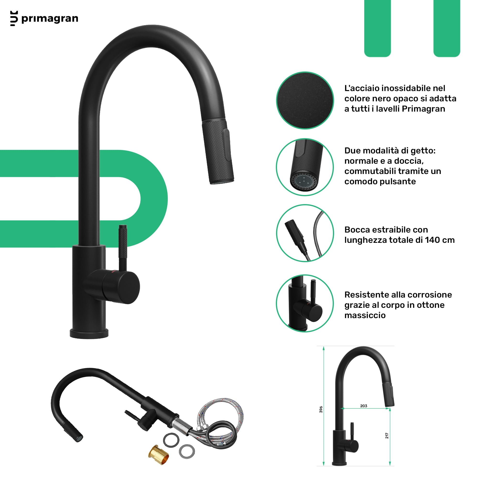 PRIMAGRAN Lavandino da Cucina Tutto Nero 78x50cm, Lavello in Granito a 1 vasca + Rubinetto 40x20cm + Set di accessori, Lavabo da Cucina Incasso al Mobile 80cm - Riga S483