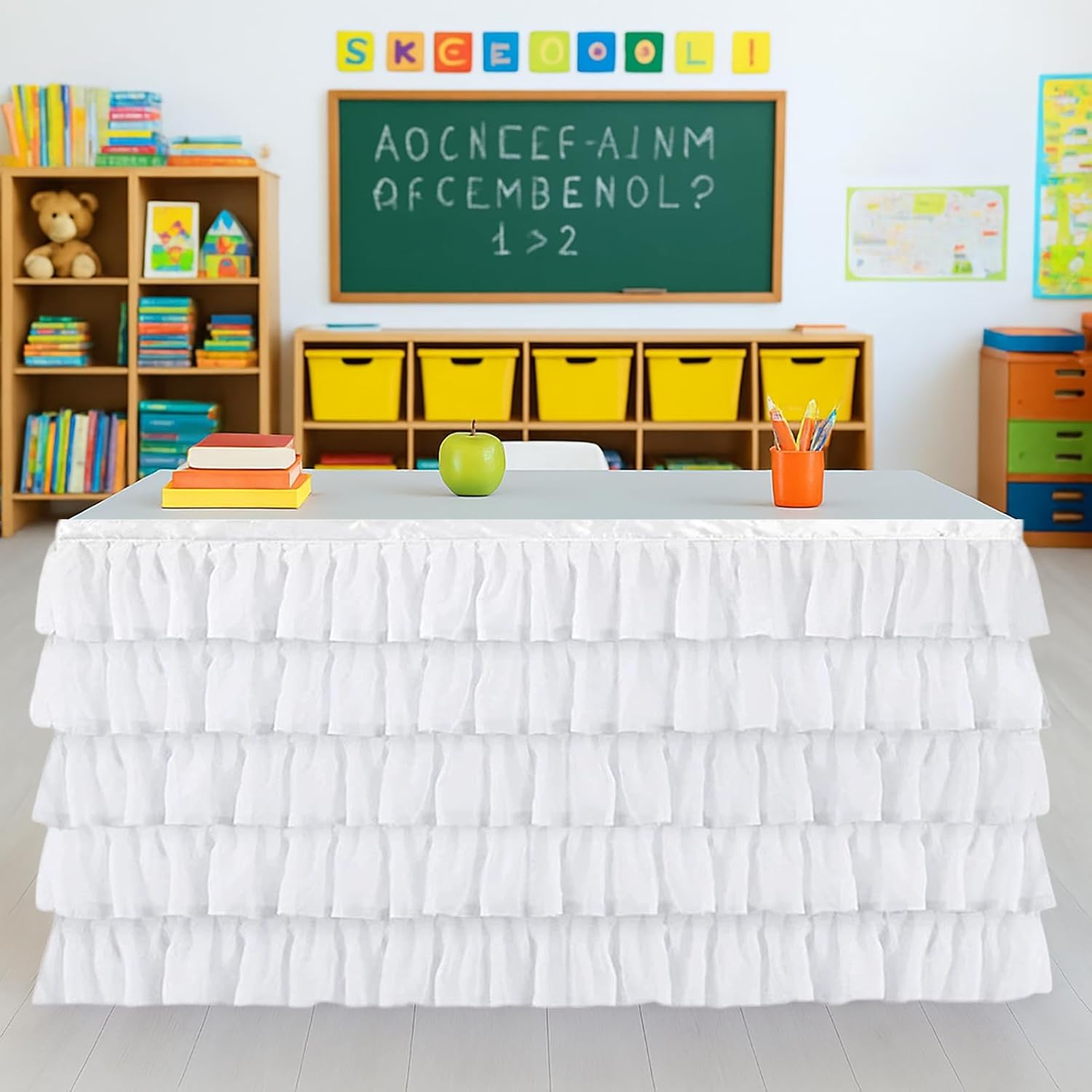 White Tulle Table Skirt for Teacher Desk Rectangular Ruffle Desk Skirt for Kindergarten Preschool Middle School Classroom Decor, 9FT