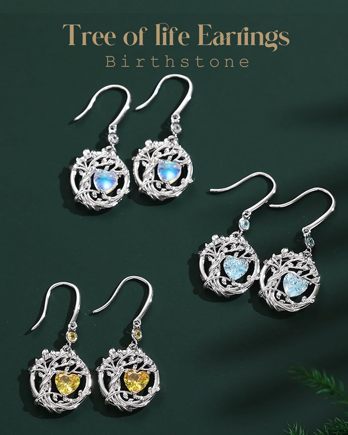 FANCIME Valentines Day Gift Tree of Life Dangle Drop Earrings 925 Sterling Silver Dainty Round Gemstone Birthstone Earring Fine Jewelry Birthday Gifts for Her Women - Image 2