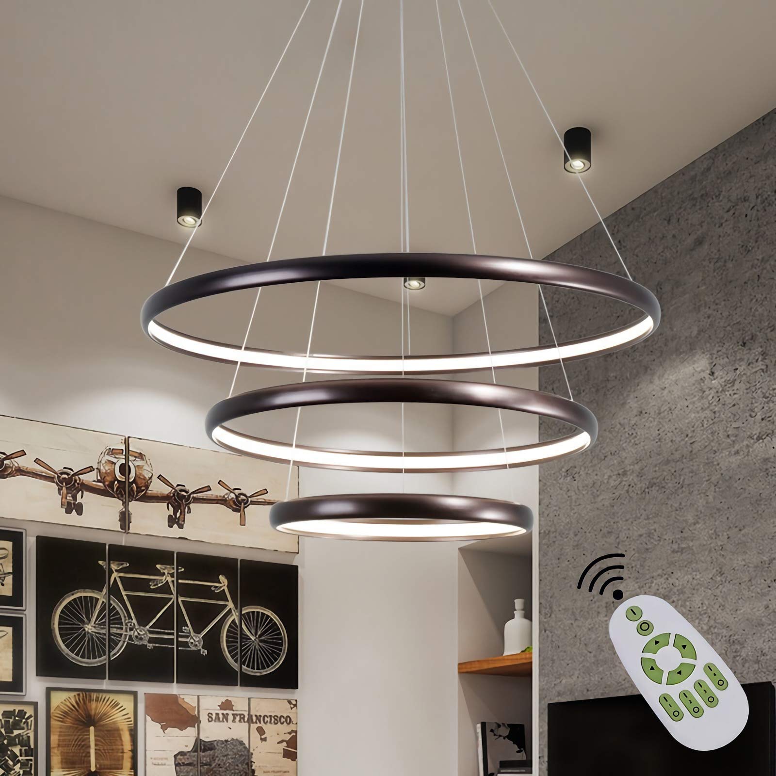Lampa wisząca LED z pilotem, nowoczesna lampa wisząca z 3 pierścieniami, lampa sufitowa z możliwością przyciemniania z regulacją wysokości do sypialni, salonu, jadalni, biura, 30 + 50 + 70 cm
