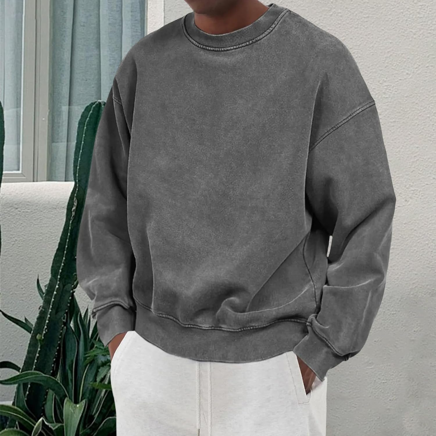 Men's Wash Sweatshirts Vintage Fleece Long Sleeve Crewneck Pullover Oversized Workout T Shirts
