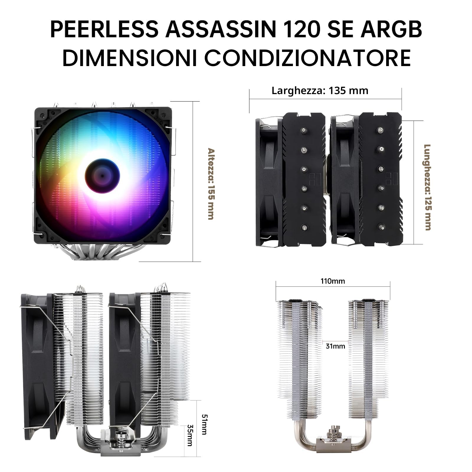 Thermalright Peerless Assassin 120 SE ARGB Refroiditore CPU, TL-C12C-S 120mm Ventole, 1550RPM, 6 Tubazioni di Calore, per AMD AM4/AM5 e Intel LGA 1700/1851