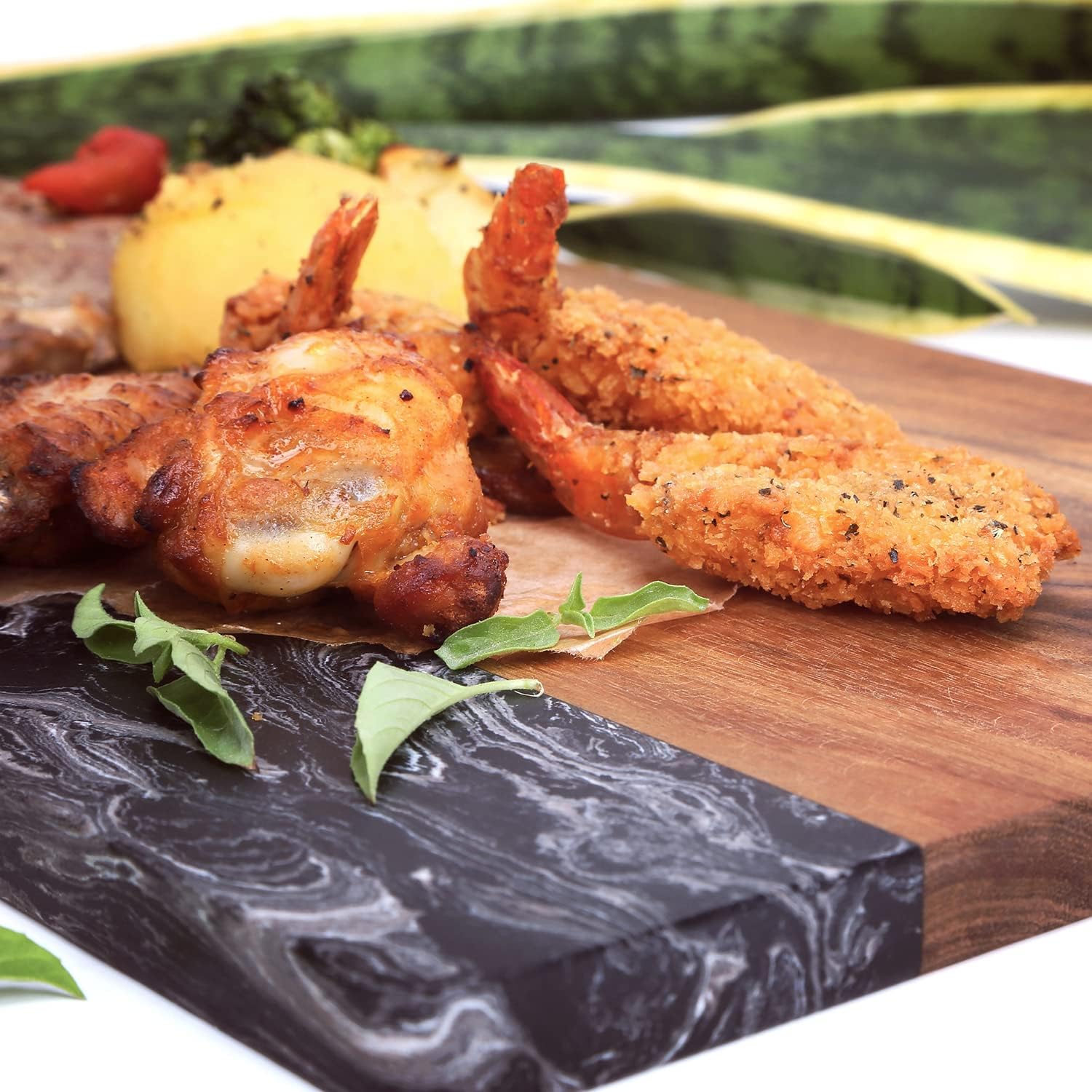Cutting Board with Black Marble and Natural Wood, 16 X 9 Inches Serving Chopping Board for Cheese Steak Fruits Bread(Oblong)