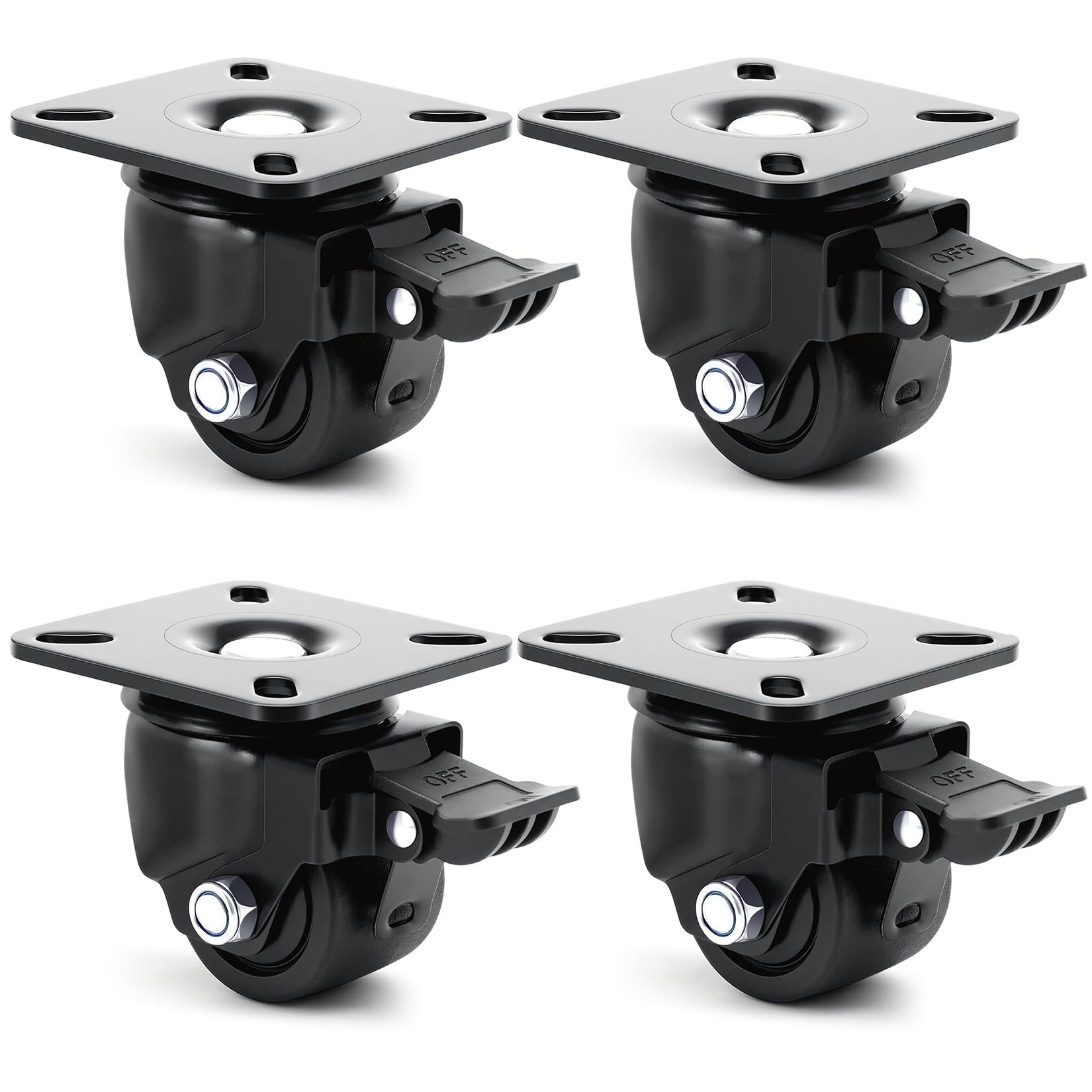 2 inch caster wheels, heavy duty casters load 2200 lbs, locking swivel plate industrial casters set of 4, low gravity design durable, quiet, sturdy nylon wheels for furniture, equipment