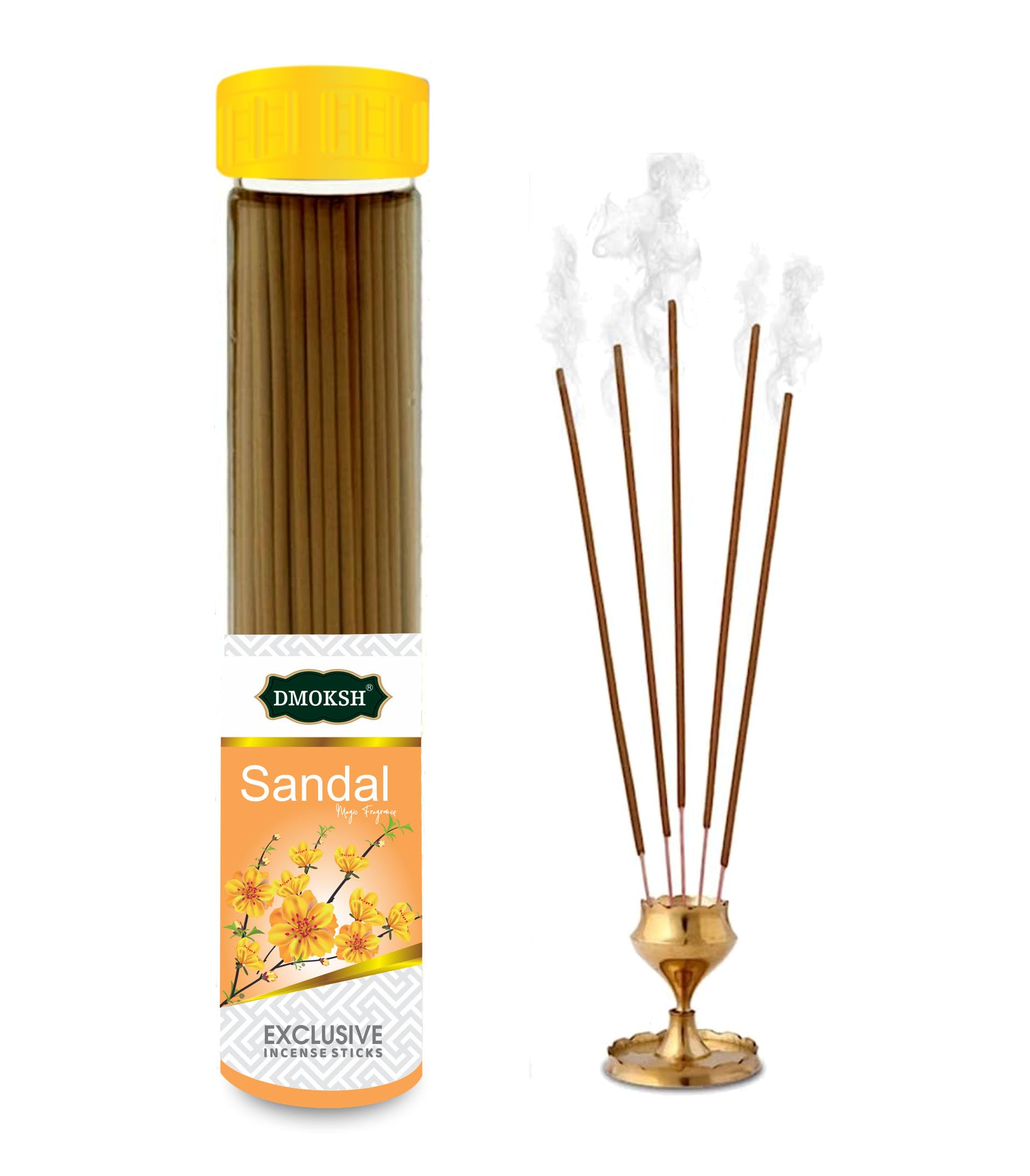 DMOKSHDmoksh Sandle Premium Incense Sticks, 60 Sticks | 9" Inch Agarbatti Sticks with Free Stand 60 Mins Burning Time | Exotic Sandlewood Fragrance for Pooja Agarbatti | 100 Gram Pack (Pack of-1)
