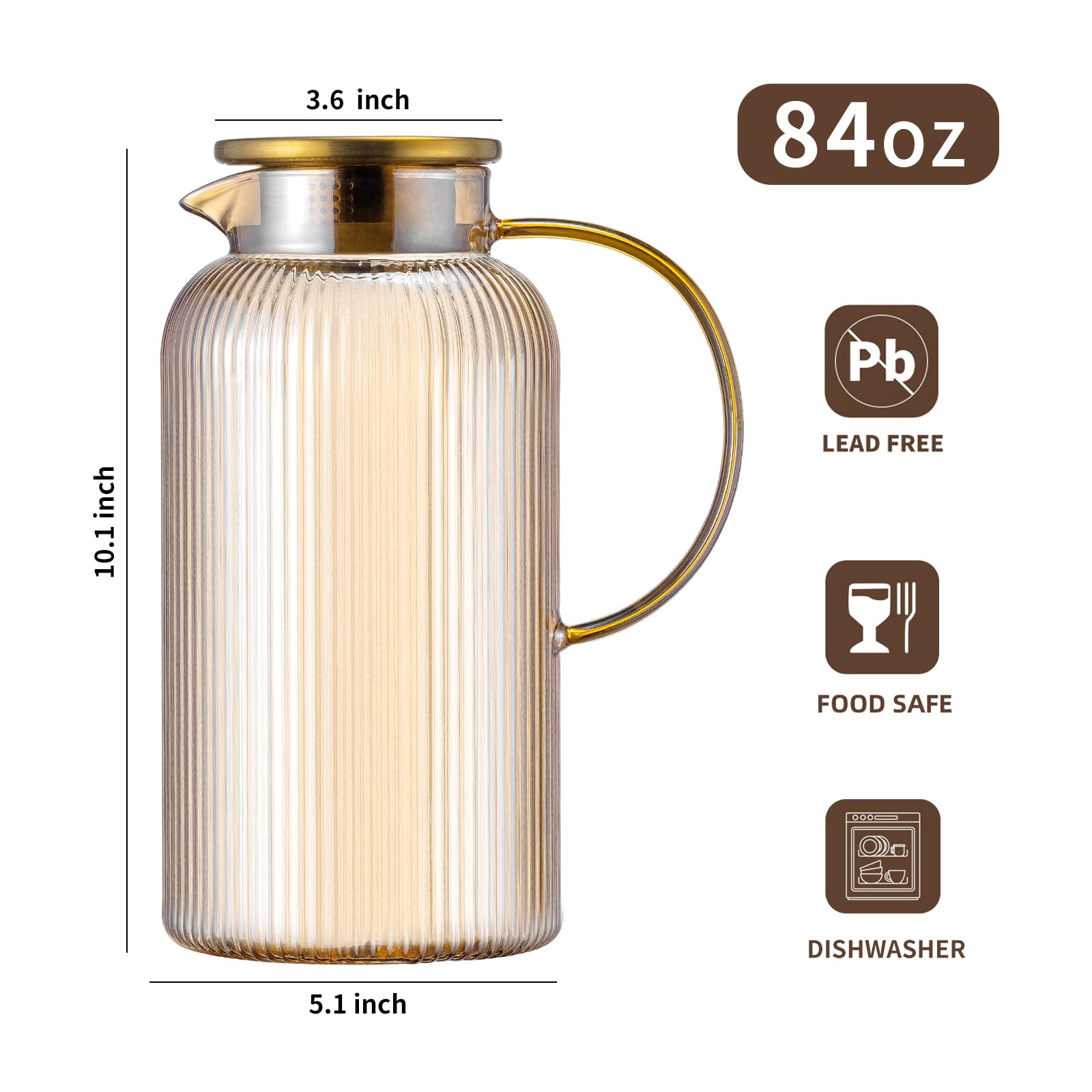 Buaic Glaskrug mit Deckel, 2 Stück, 2,5 l, bernsteinfarben, klassische vertikale Streifen, Wasserkaraffe für kaltgebrühte Getränke, Kaffee, Limonade, Eistee, Getränke, Milch, hitzebeständig
