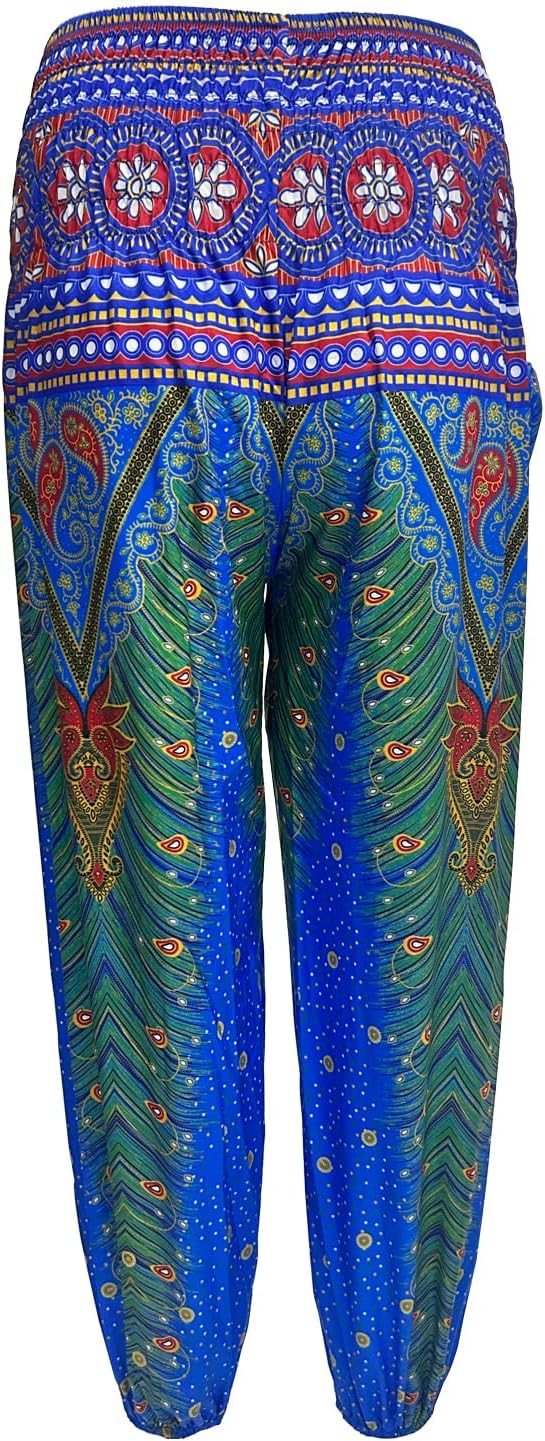 Girls Smocked Waist Bohemian Thai Boho Baggy Harem Pants Hippie Yoga Trousers Sports Bloomers Dance Bottoms (Blue, 9-10)