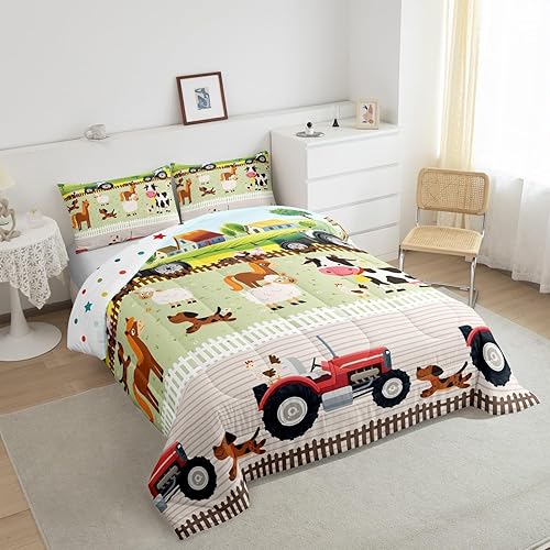 Miniatura 4 de Juego de ropa de cama de tractor para niños de tamaño individual para niños pequeños, lindo juego de edredón de animales de granja de dibujos