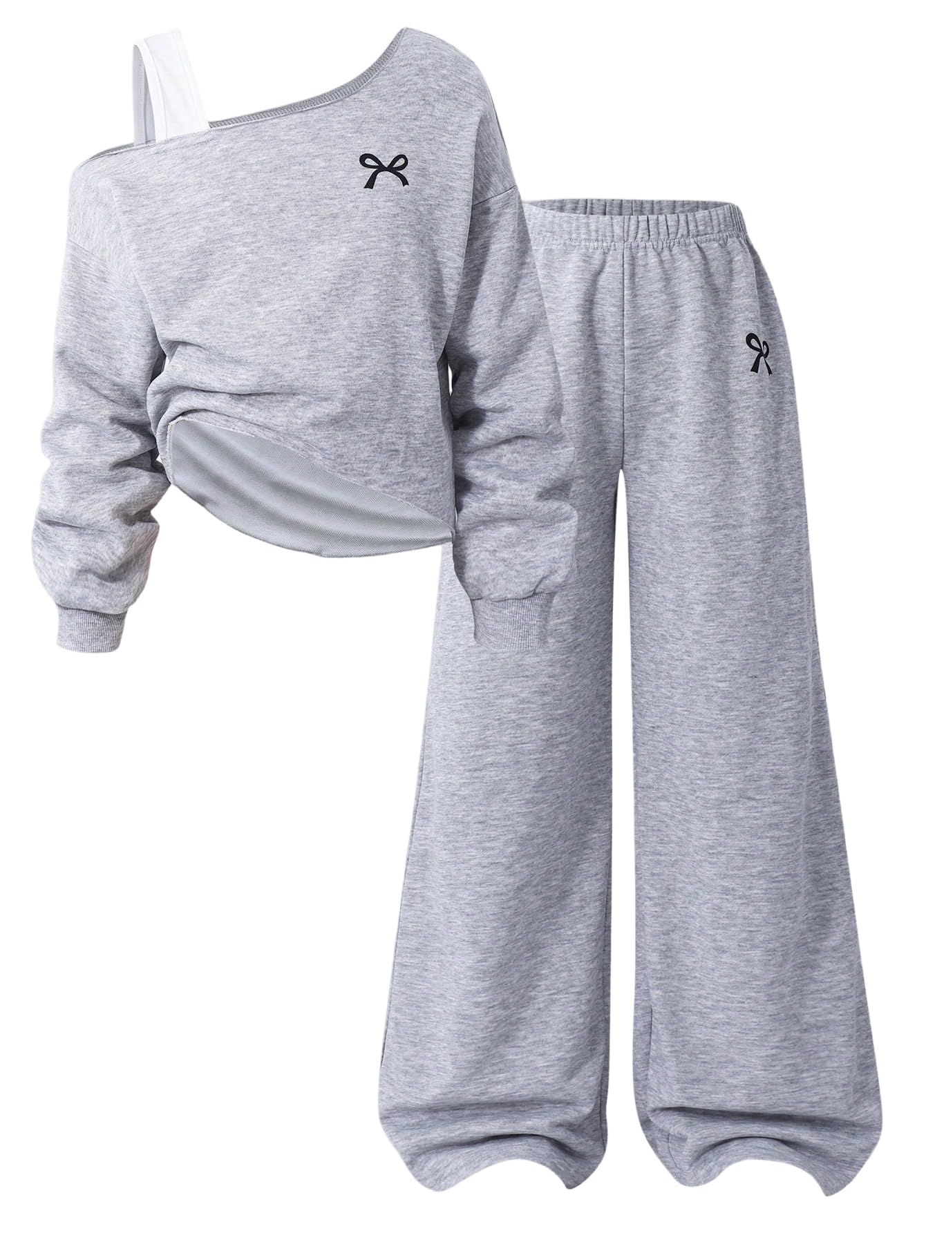 SweatyRocks Dwuczęściowy sweter dziewczęcy w wieku 8-12 lat, dla nastolatek, dziewcząt, bluza i spodnie, zestaw odzieży z kokardką, dres treningowy