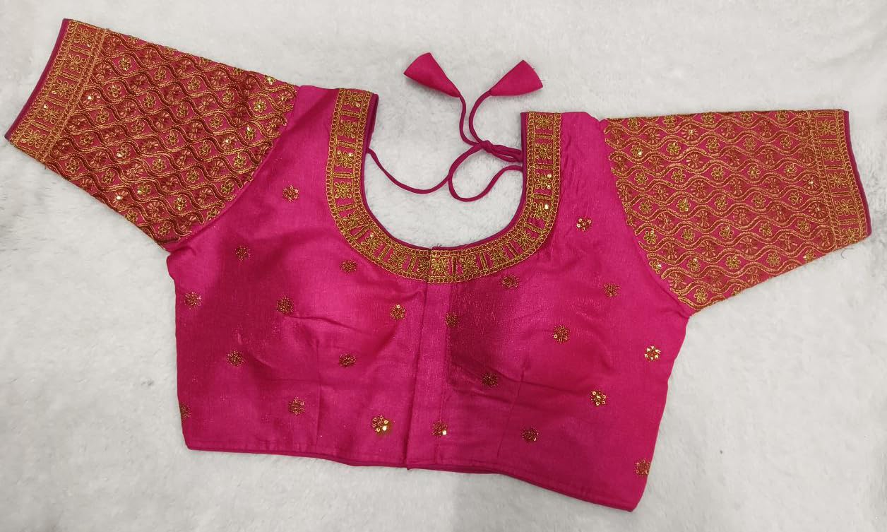 Pujia Mills Women's Readymade Blouse Embroidery Multi Coding Gold Thread Indian Ethnic Designer Stitched Half Sleeve Women's Readymade Pink Color Saree Blouse For Women For Saree Lehenga Choli