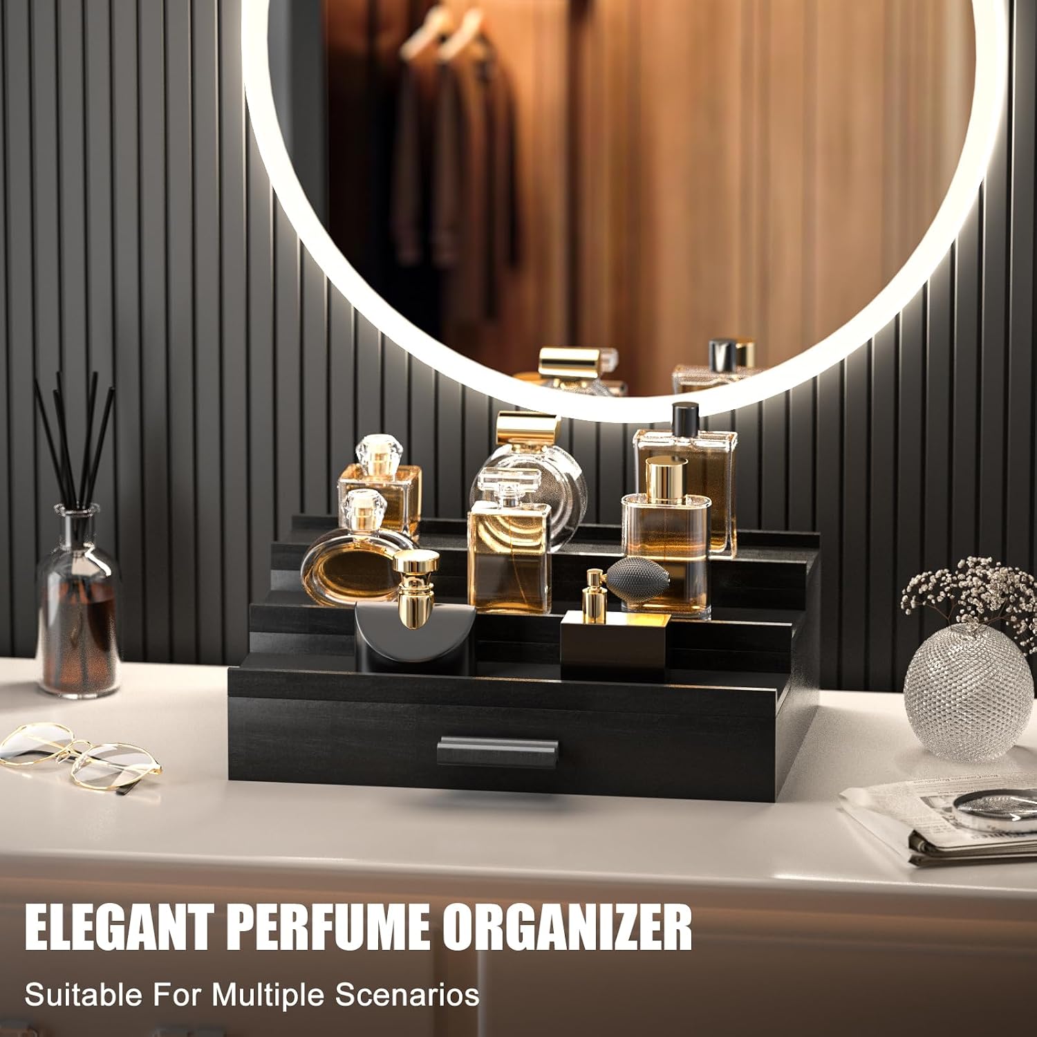 Sephyroth Cologne Organizer for Men – 3-Tier Perfume Display Shelf with Drawer and Hidden Storage, Elegant Cologne Holder, Great Gift for Men and Fathers (3T-Black)