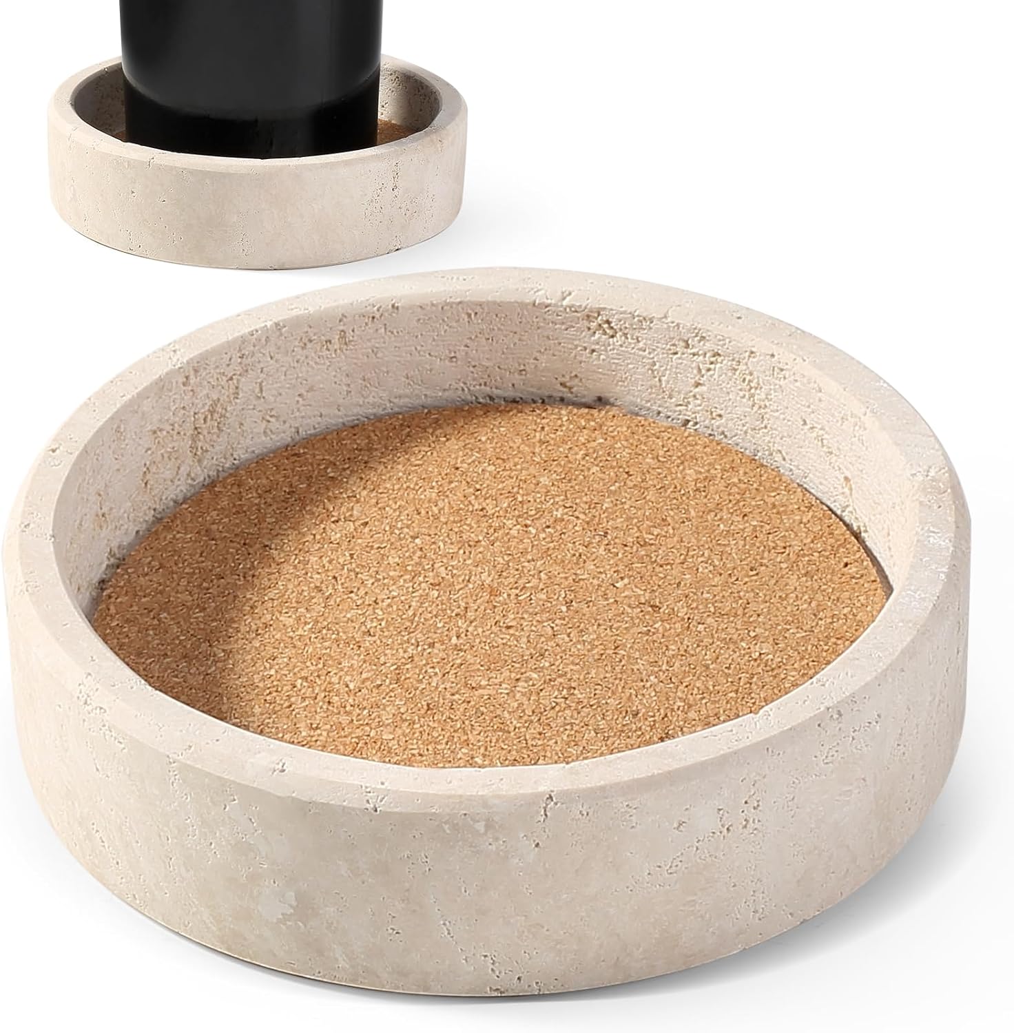 Karibiber Travertine Wine Bottle Coaster – 4.7" Marble Stone Coaster for Champagne & Wine Bottles with Absorbent Cork, Non-Slip Wine Bottle Holder, Wedding, Kitchen Countertop, Candle Jewelry Holder