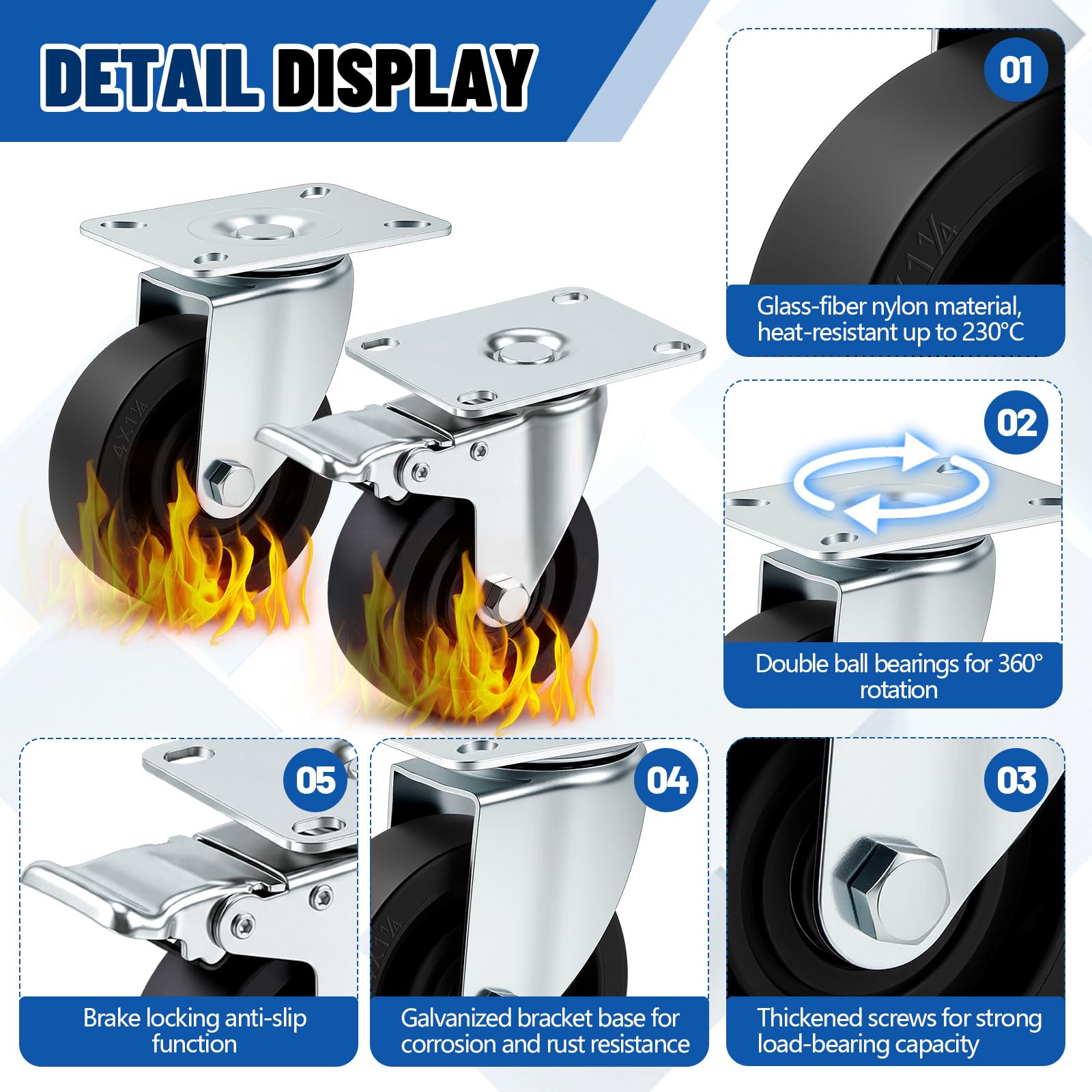 Set di 4 ruote piroettanti da 4 pollici per carrelli da panetteria, resistenti alle alte temperature, girevoli, in acciaio zincato, 446°F (230°C), ruote di ricambio per forno e panetteria, portata