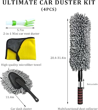 4 PCS Car Duster Kit, Microfiber Scratch Free Multipurpose Cleaning Duster with Extendable Handle, Washable Interior & Exterior Auto Dusting Tools for Cars Trucks SUVs RVs
