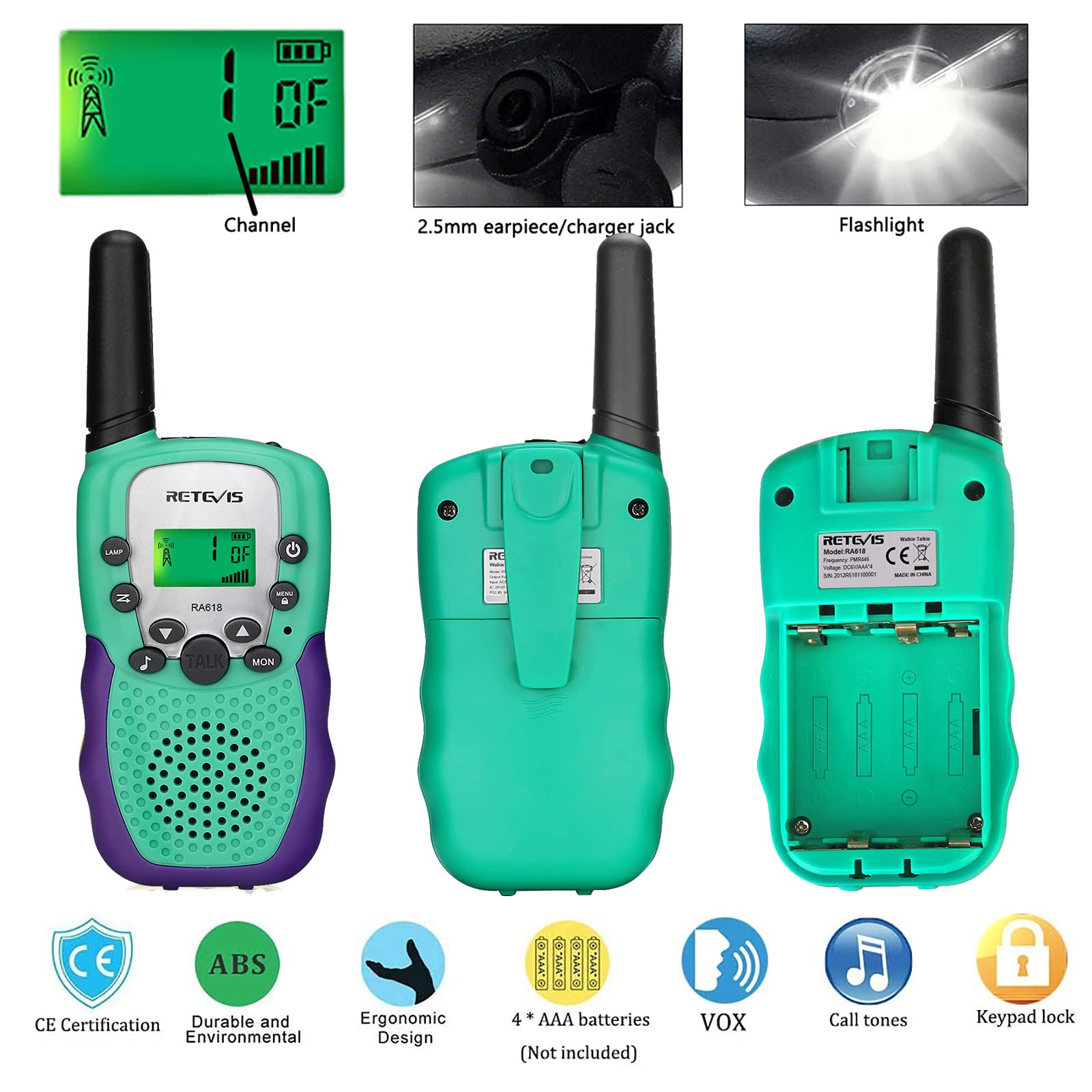 Retevis RA618 Walkie Talkie Bambini, Giocattolo Regalo Bambini da 6 a 12 Anni, Torcia VOX a 8 Canali, Walky Talky per Bambini Nascondino Campeggio Escursionismo Gita di Primavera (1 Coppia, Verde)