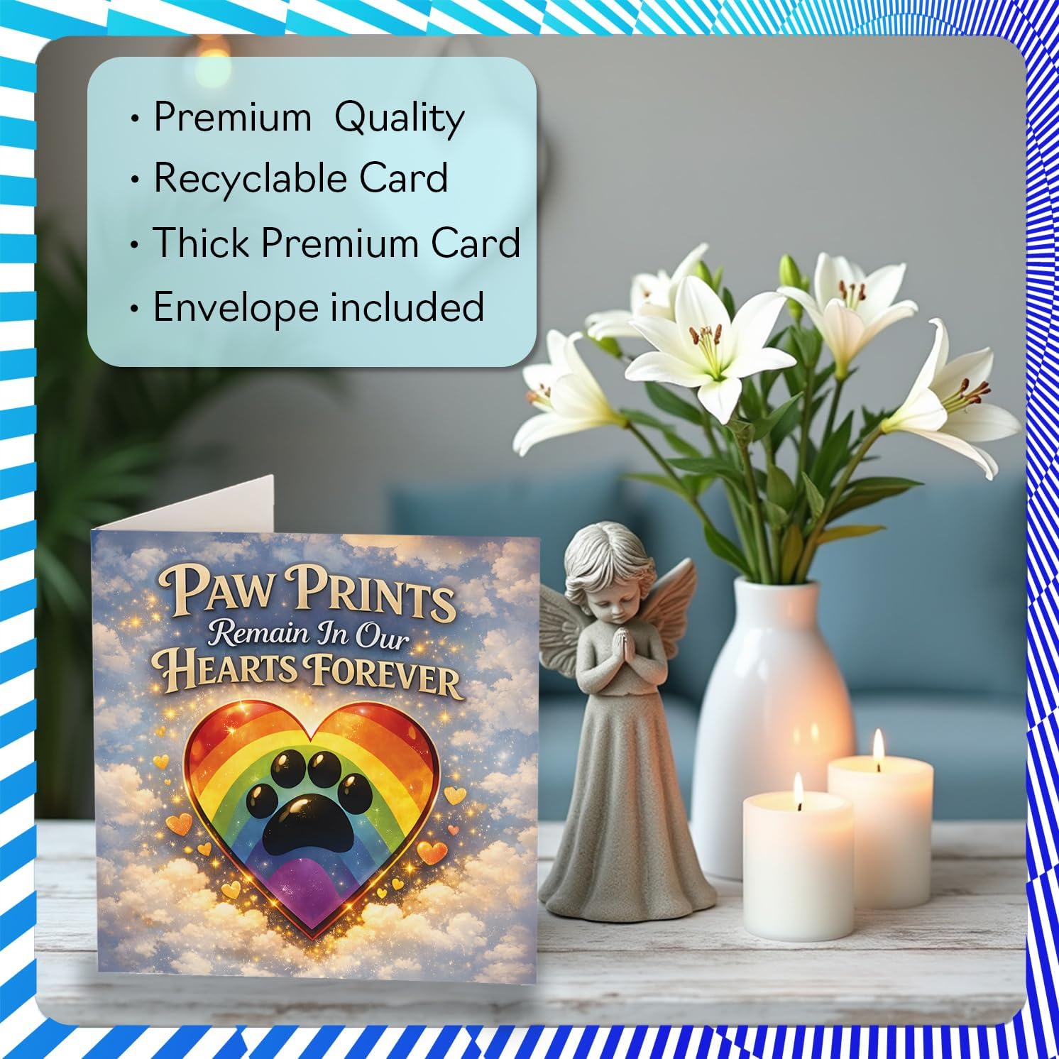 Stuff4 Comforting Sympathy Card - A Gentle Reminder of Lasting Love - Rainbow Paw Print Heart Design for Pet Remembrance - 5.7 Inch Square, Envelope Included