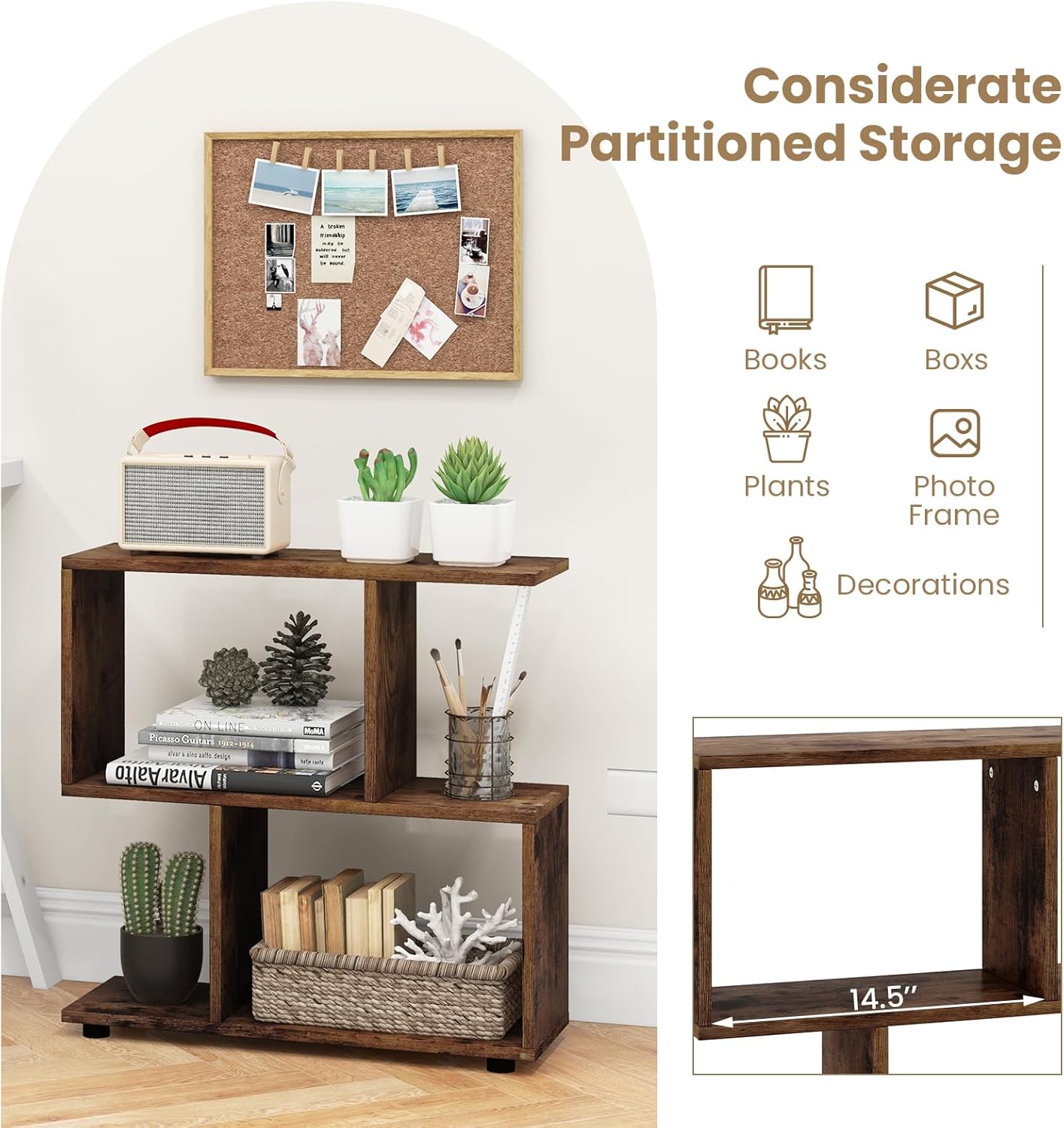 Tangkula 2 Tier Geometric Bookshelf, Freestanding Wood Display Shelf, Home Office Room Divider S Shaped Open Bookcase, Small Bookshelf for Small Spaces, Living Room, Study (Coffee, 1)