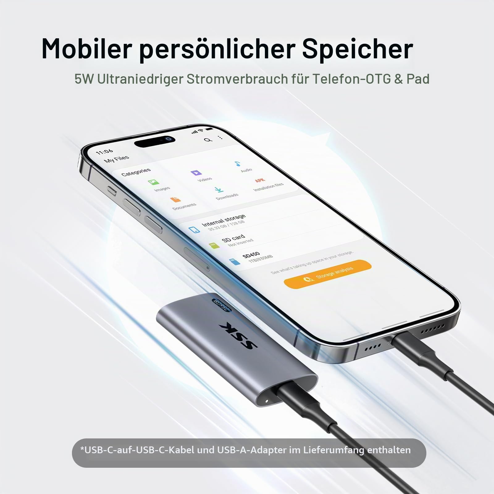SSK Externe SSD 256GB, USB 3.2 Gen2 Portable SSD, bis zu 550 MB/s, Externe Festplatte mit USB C&A 2 in 1 Kabel, External Solid State Drive für iPhone 16/15/17-Serie/Laptop/Desktop/Smartphone/Tablet