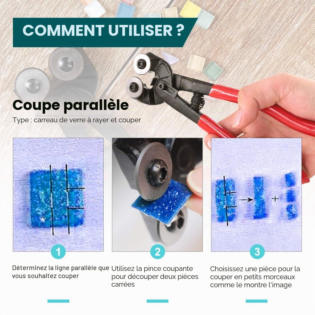 Swpeet Kit de 8 outils pour mosaïque, comprenant une pince coupe-mosaïque en verre très résistante, une pince coupante à roulettes, 2 grattoirs, 2 pinces à épiler, 1 crochet à double extrémité