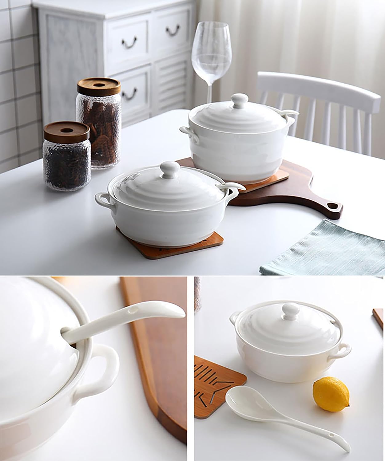 Ceramic Soup Tureen,Ceramic Soup Tureen with Glass Lid Large Capacity Serving Tureen with Double Handles for Restaurant Home Kitchen Decoration Microwave and Dishwasher Safe,F