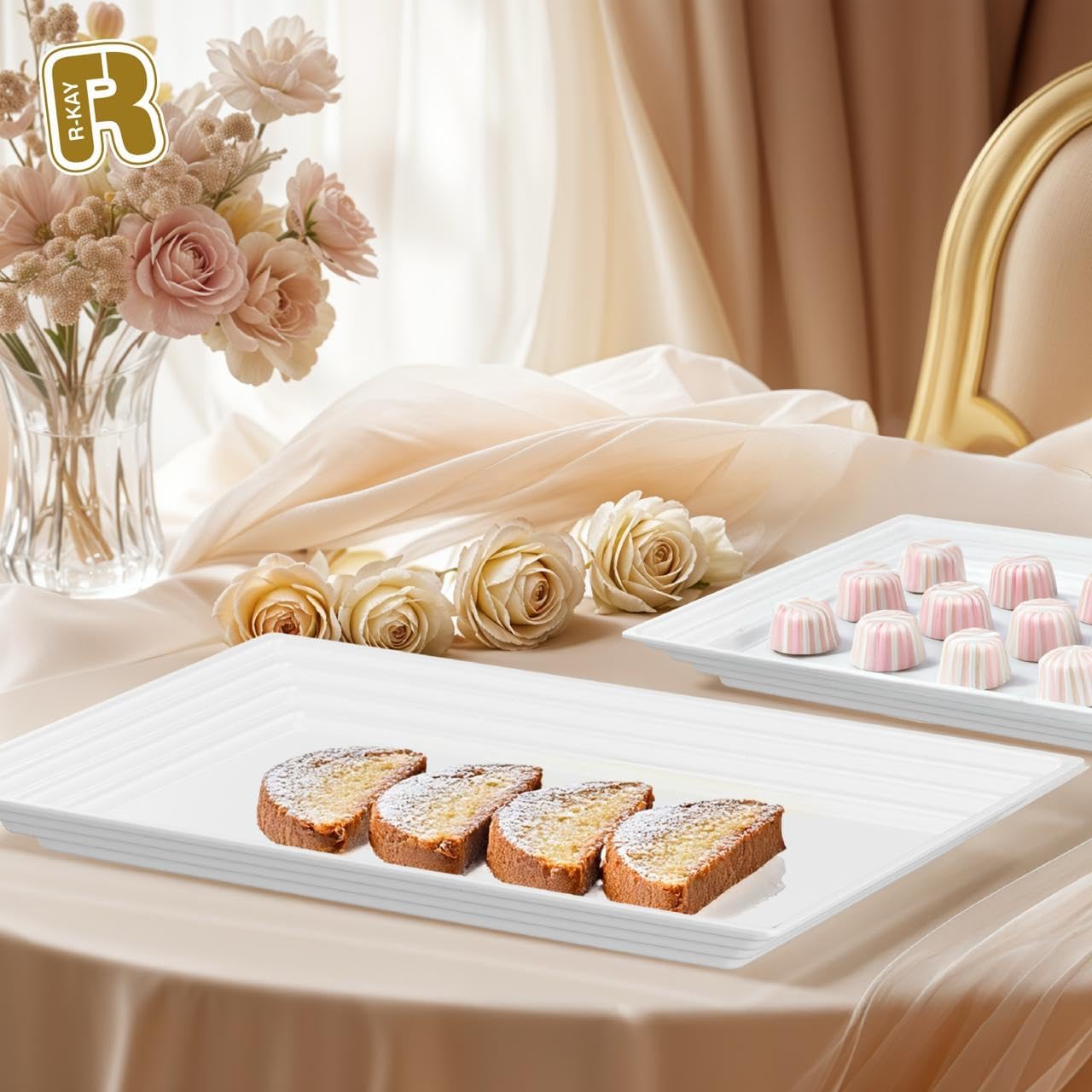 6 Pack Extra Large Plastic Serving Trays for Party - 16 x 11 White Large Serving Tray - Heavy Duty White Plastic Trays for Food - Rectangular Party Serving Trays and Platters