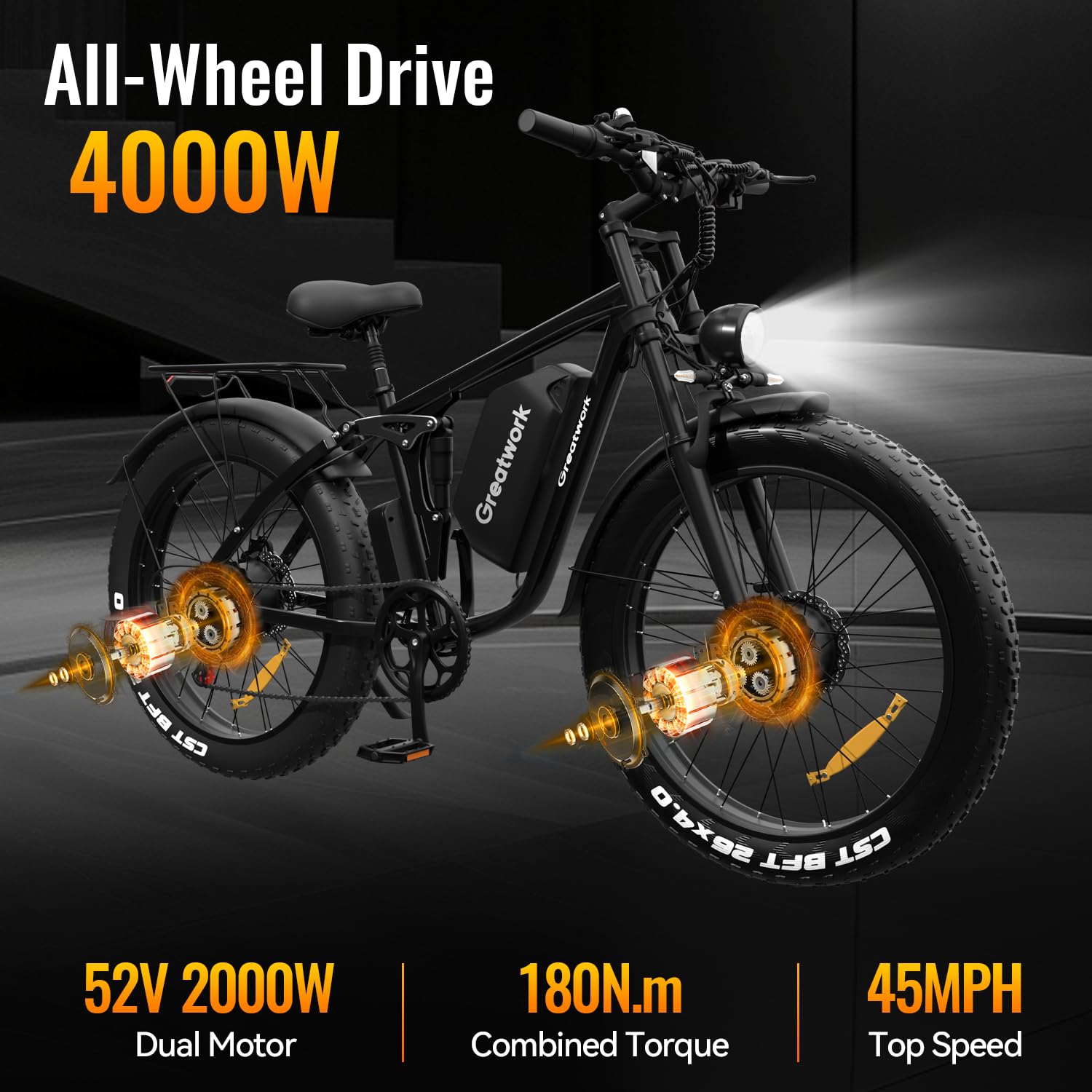 GREATWORK M8 PRO Electric Bike for Adults, 4000W Peak Dual Motor Ebike, 45MPH, 52V 25Ah Battery, Up to 100 Miles Range, 26