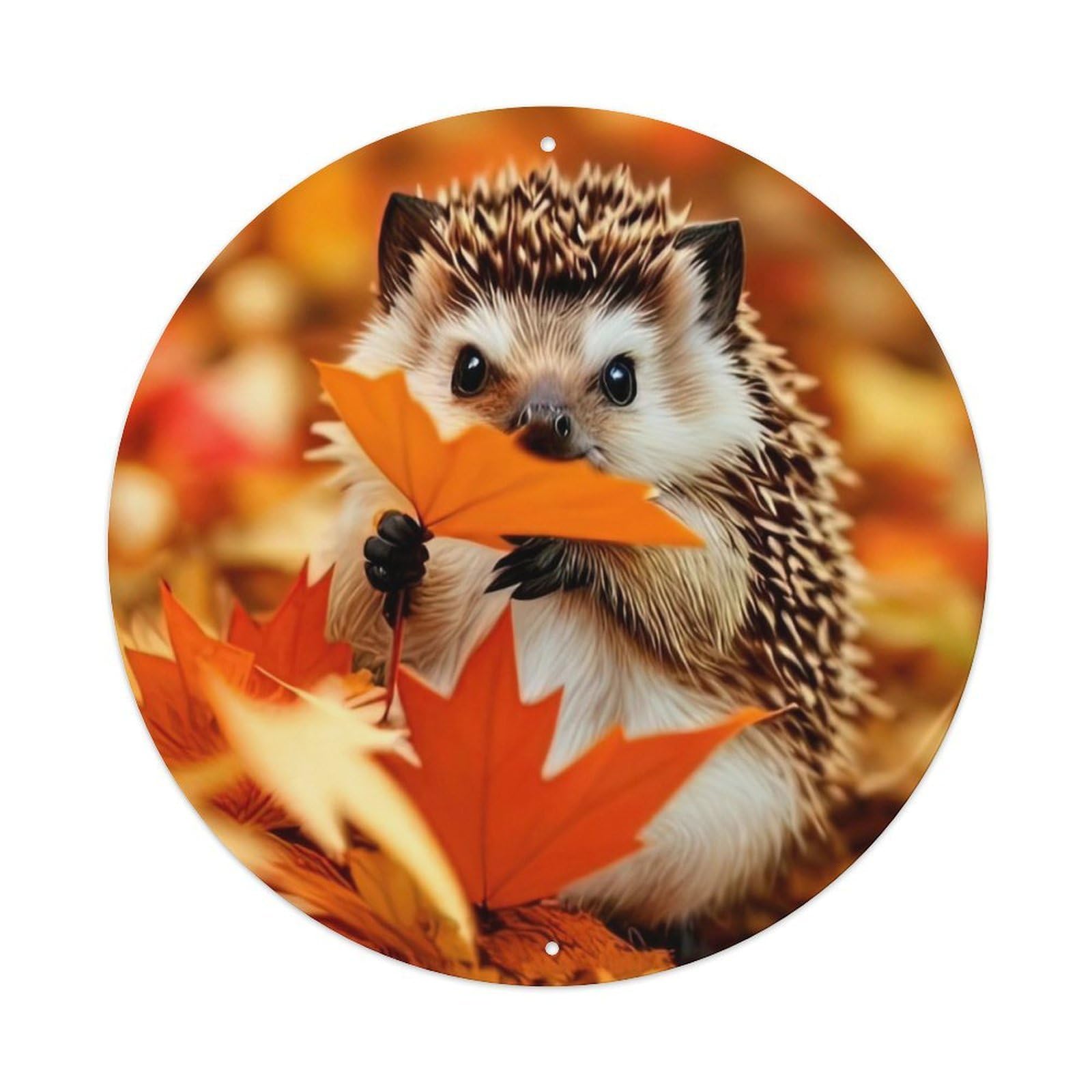 Animal Hedgehog Holding Maple Leaf in Autumn Foliage Vintage Metal Tin Sign Plaque Wall Decor for Cafe, Club Bar, Office, Garden Metal Poster 8x8Inch