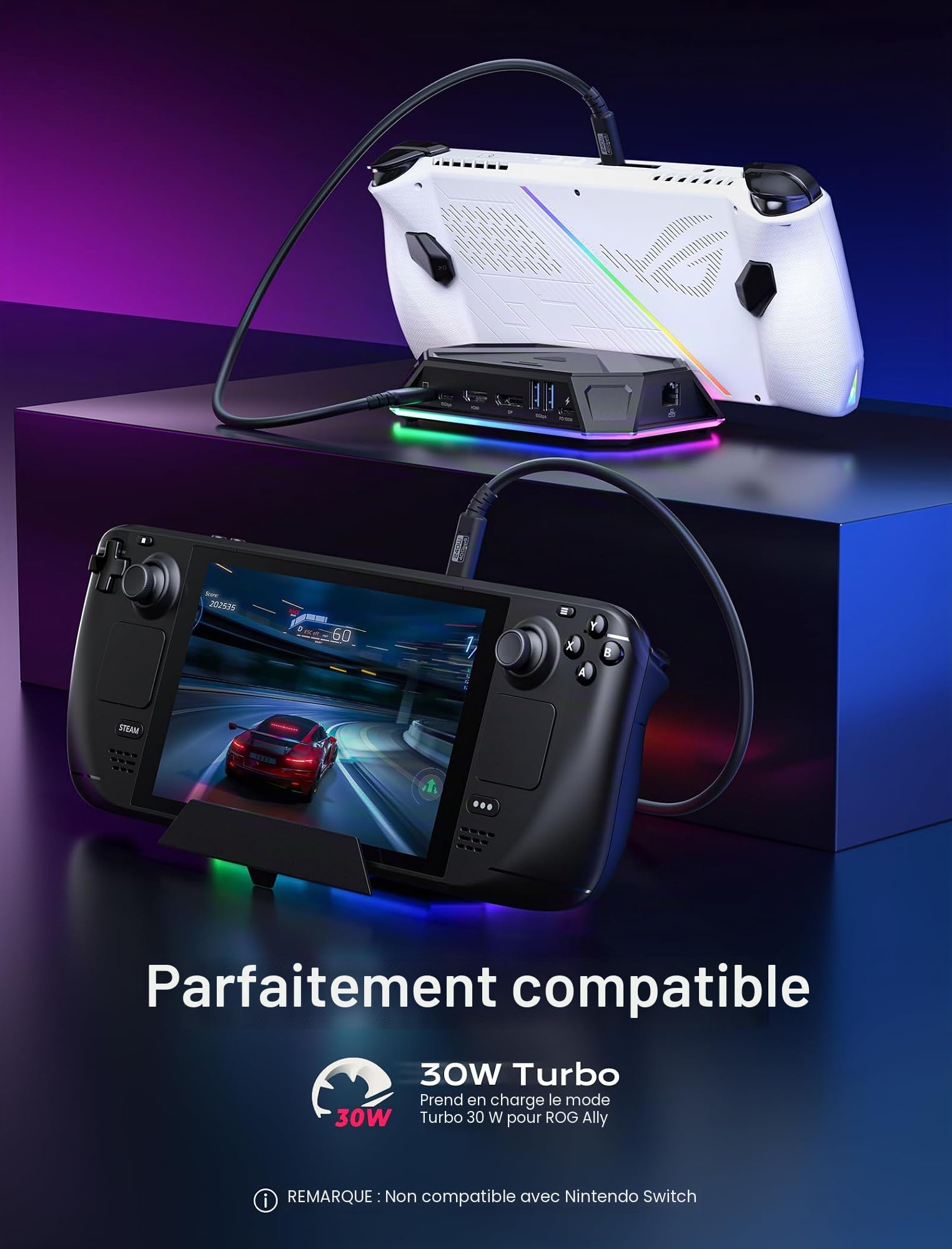 JSAUX Station d’Accueil RGB pour Steam Deck OLED, ROG Ally et Legion Go, Dock Portable 12 en 1 avec HDMI et DisplayPort 4K 120Hz, Ethernet Gigabit, USB C 3.2, USB A 3.2 et 2.0, SD TF, Noir