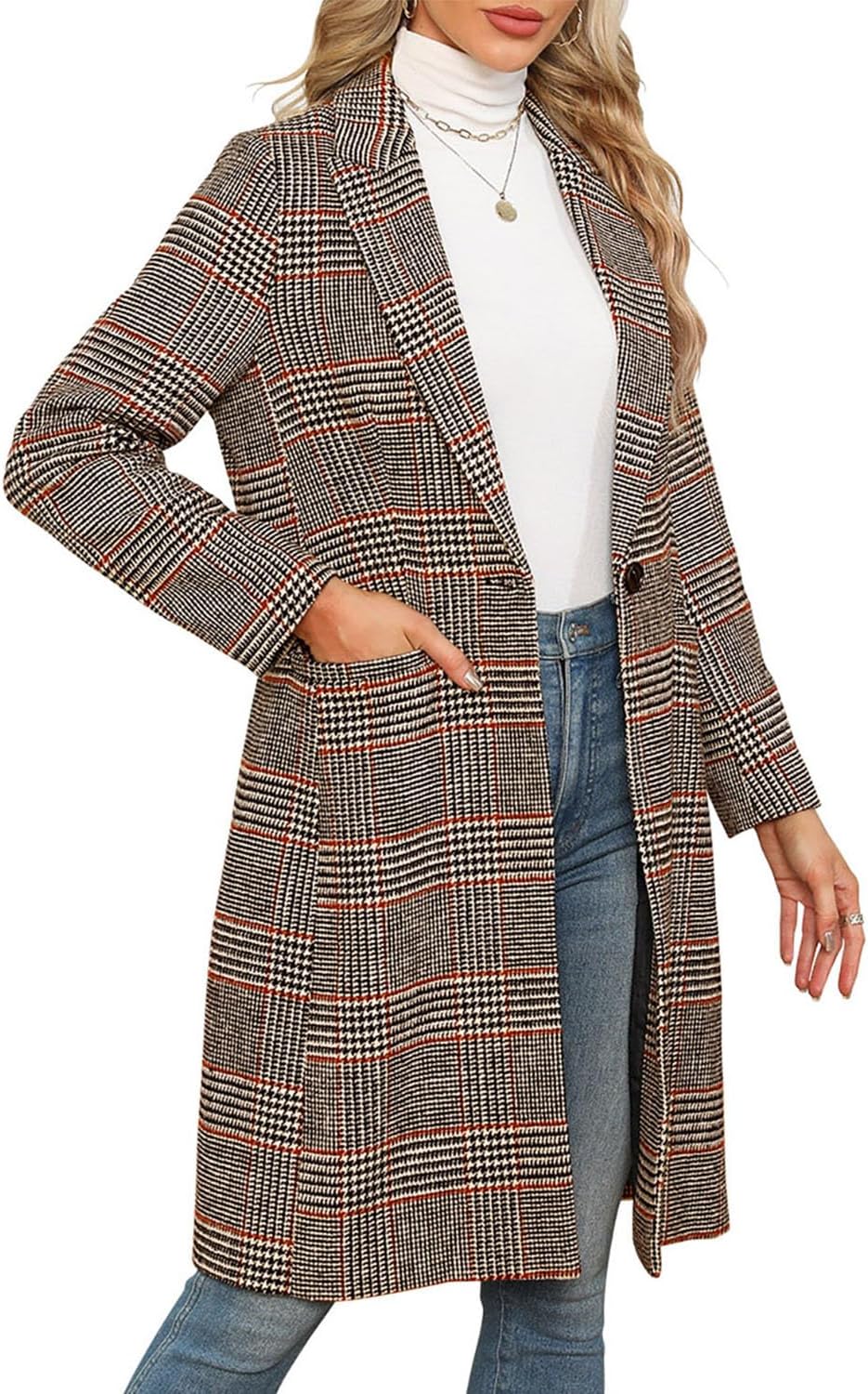 CHICZONE Womens Notch Lapel Wool Blend Pea Coat Single Breasted Long Plaid Jacket Winter Houndstooth Coat Khaki 2XL - Image 3