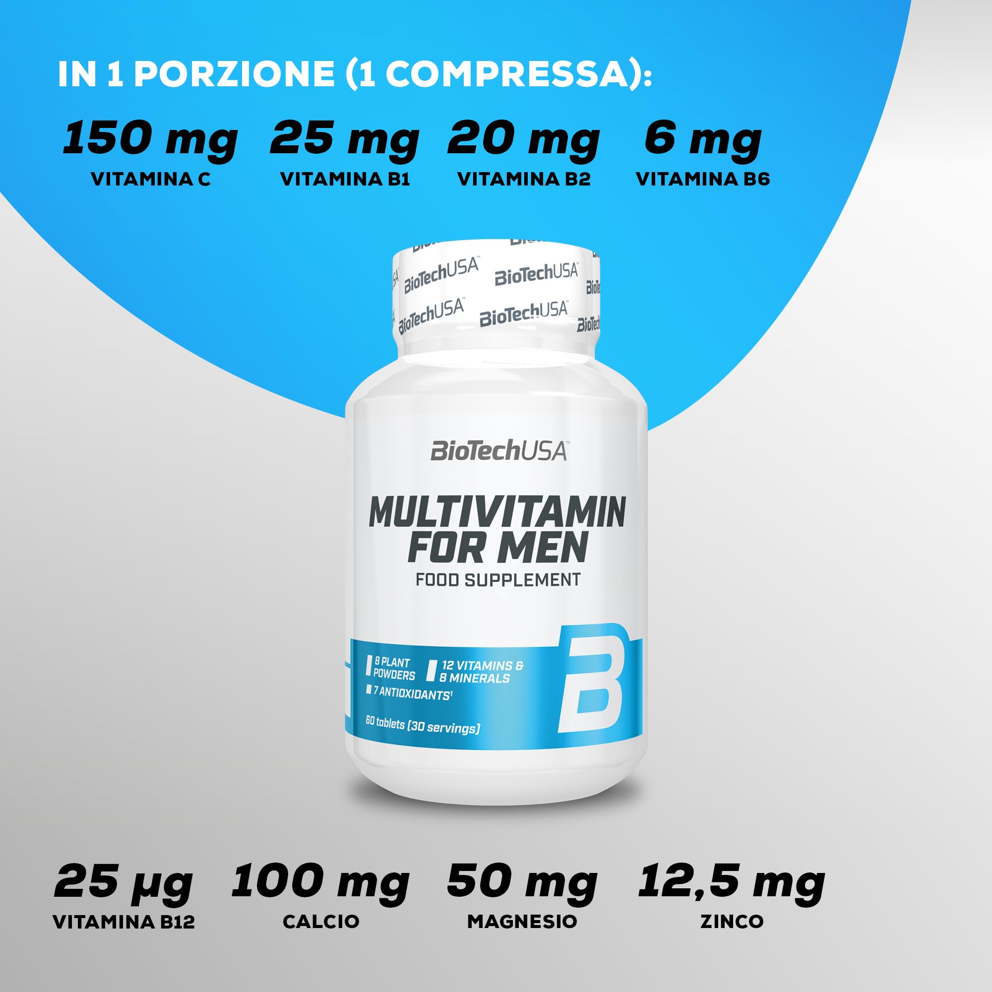 BioTechUSA Multivitamin For Men - Supporto completo per uomini attivi | 38 sostanze attive | Supporto energetico, immunitario e muscolare | Difesa antiossidante, 60 compresse