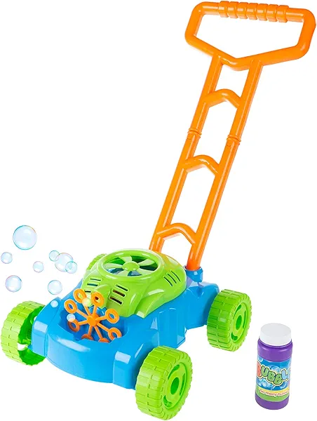 Bubble Lawn Mower - Outside Push Lawnmower Bubble Blower Machine for Toddlers - Walk Behind Outdoor Activity for Kids by Hey Play (Blue)
